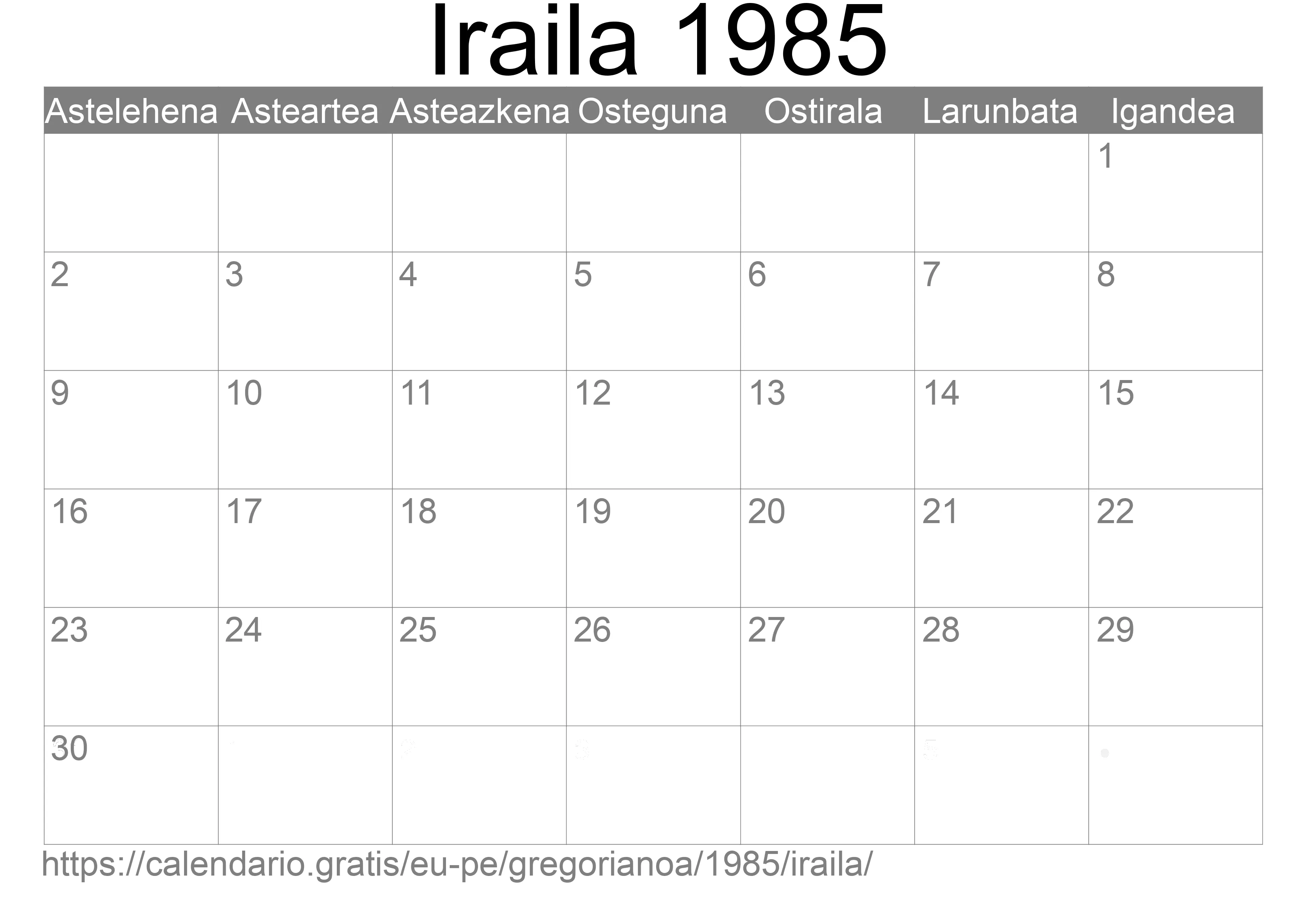 1985ko Iraila egutegia inprimatzeko (Peru) 1985ko Iraila egutegia inprimatzeko (Peru)