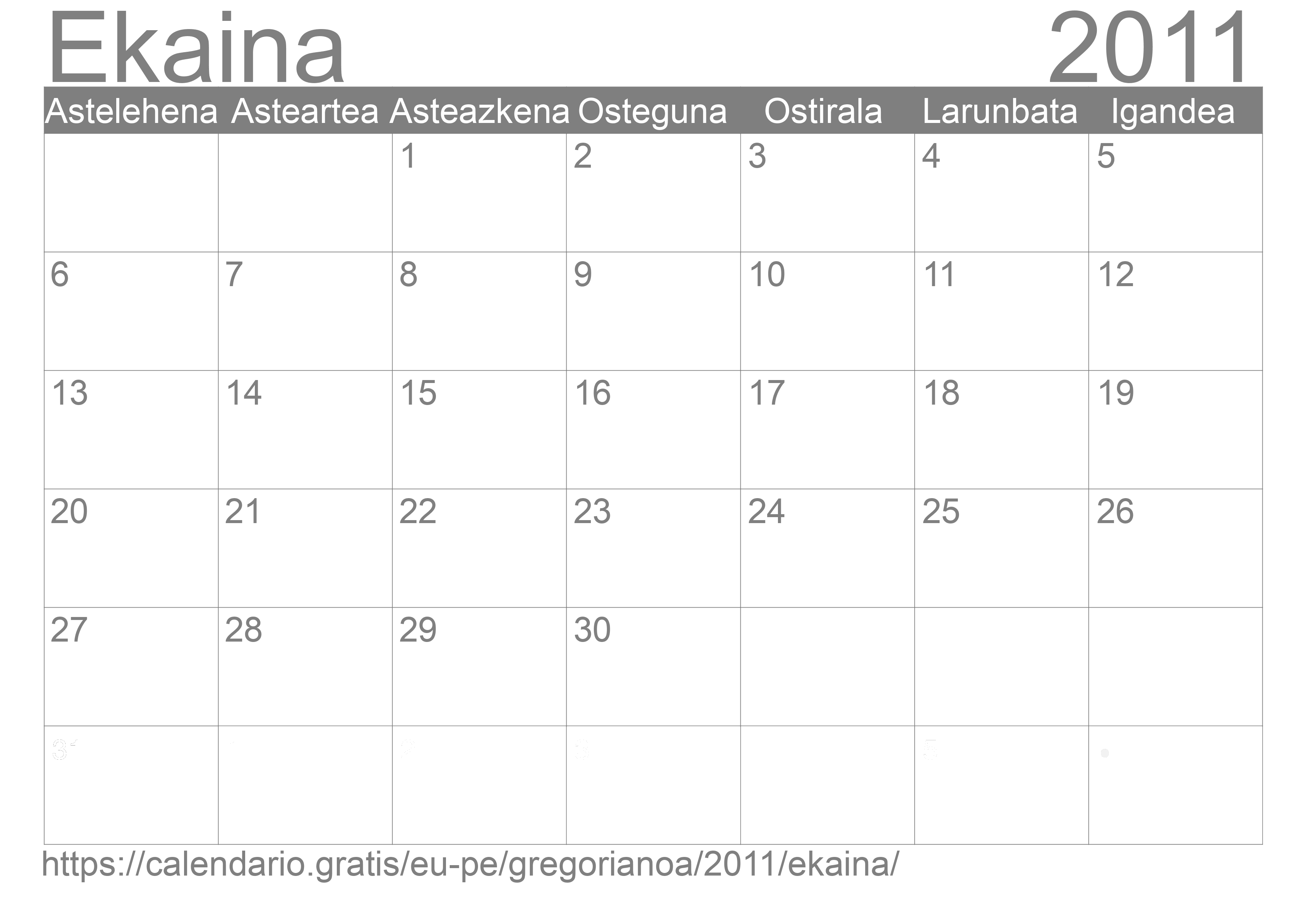 2011ko Ekaina egutegia inprimatzeko