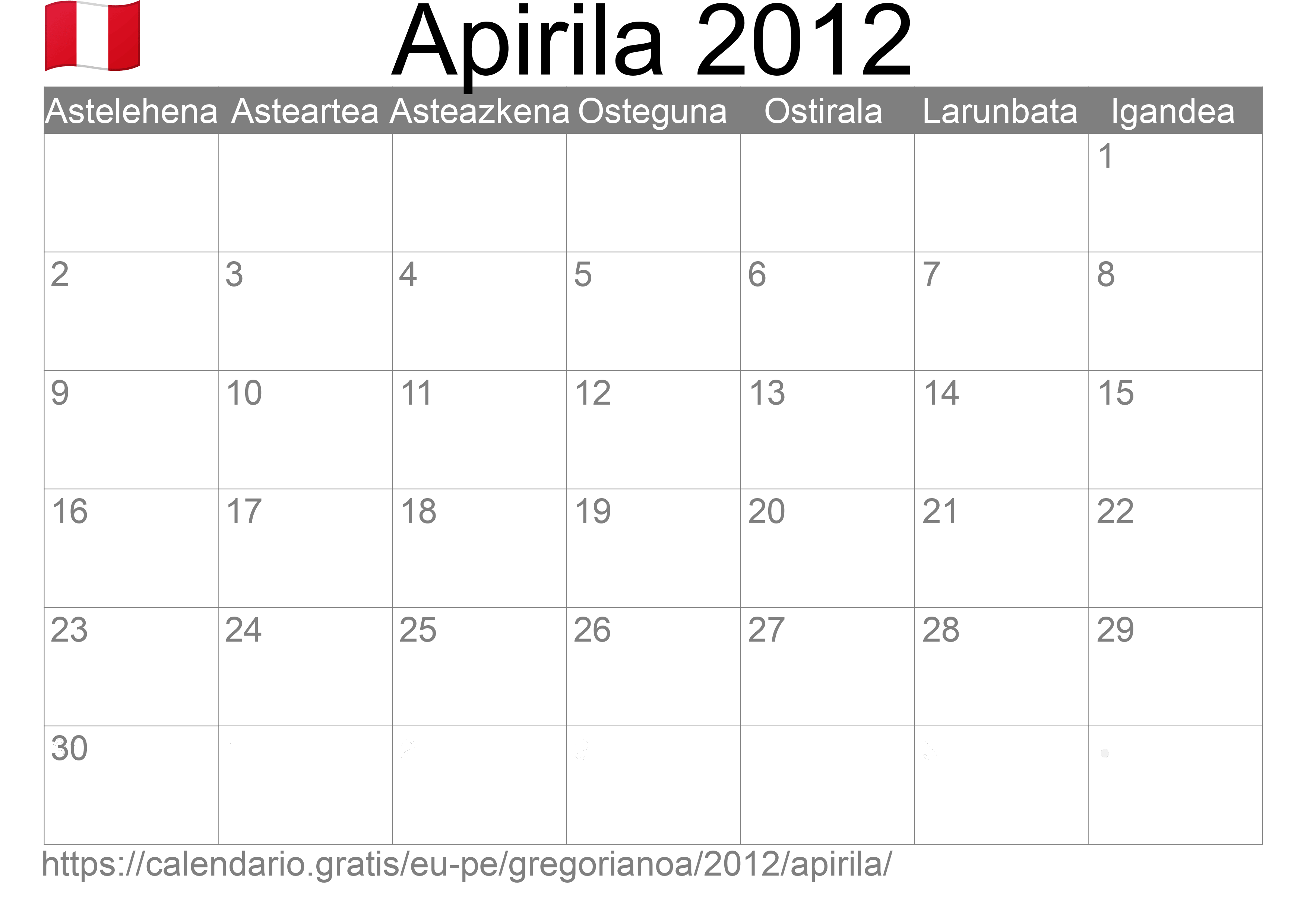 2012ko Apirila egutegia inprimatzeko