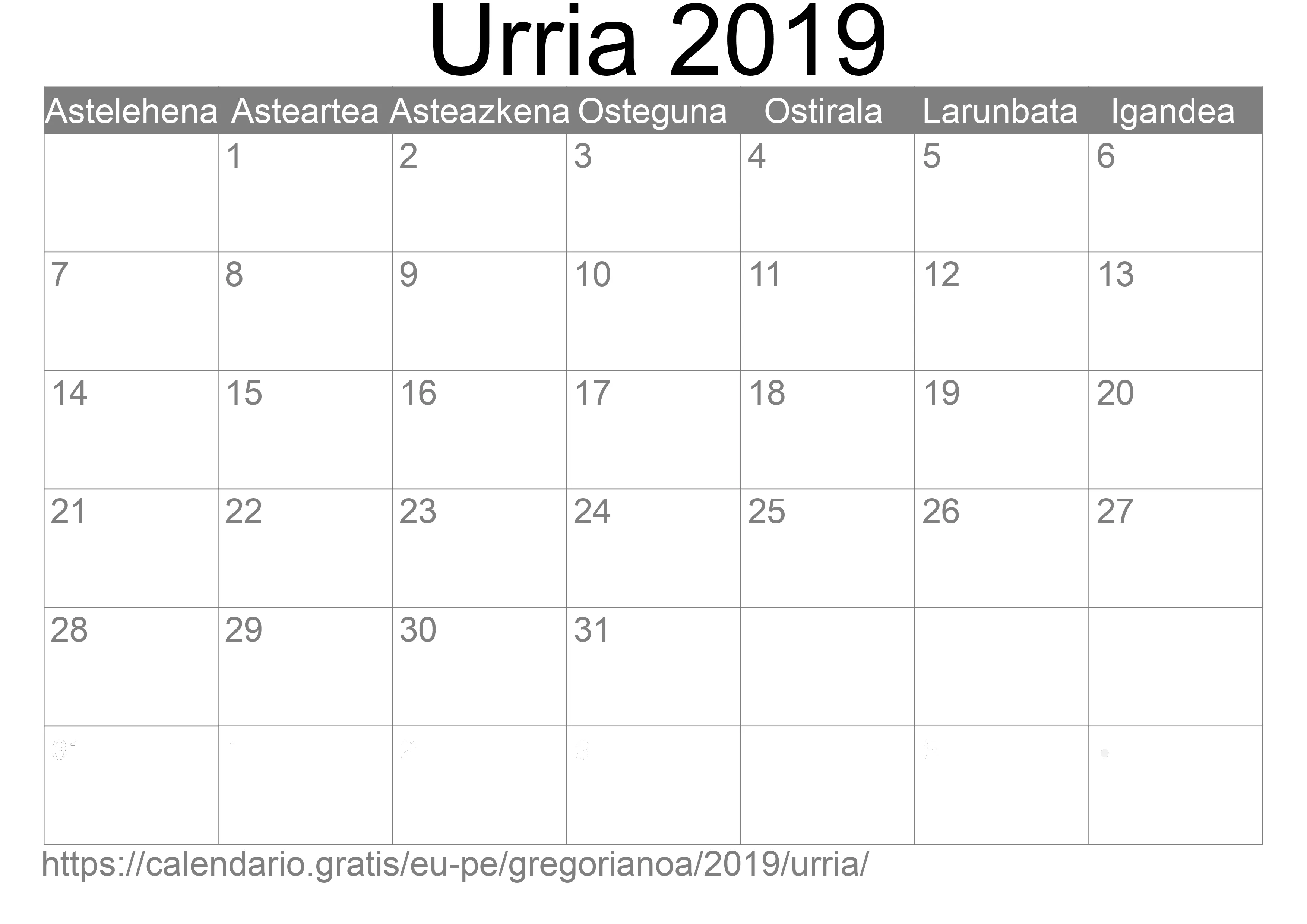 2019ko Urria egutegia inprimatzeko (Peru)
