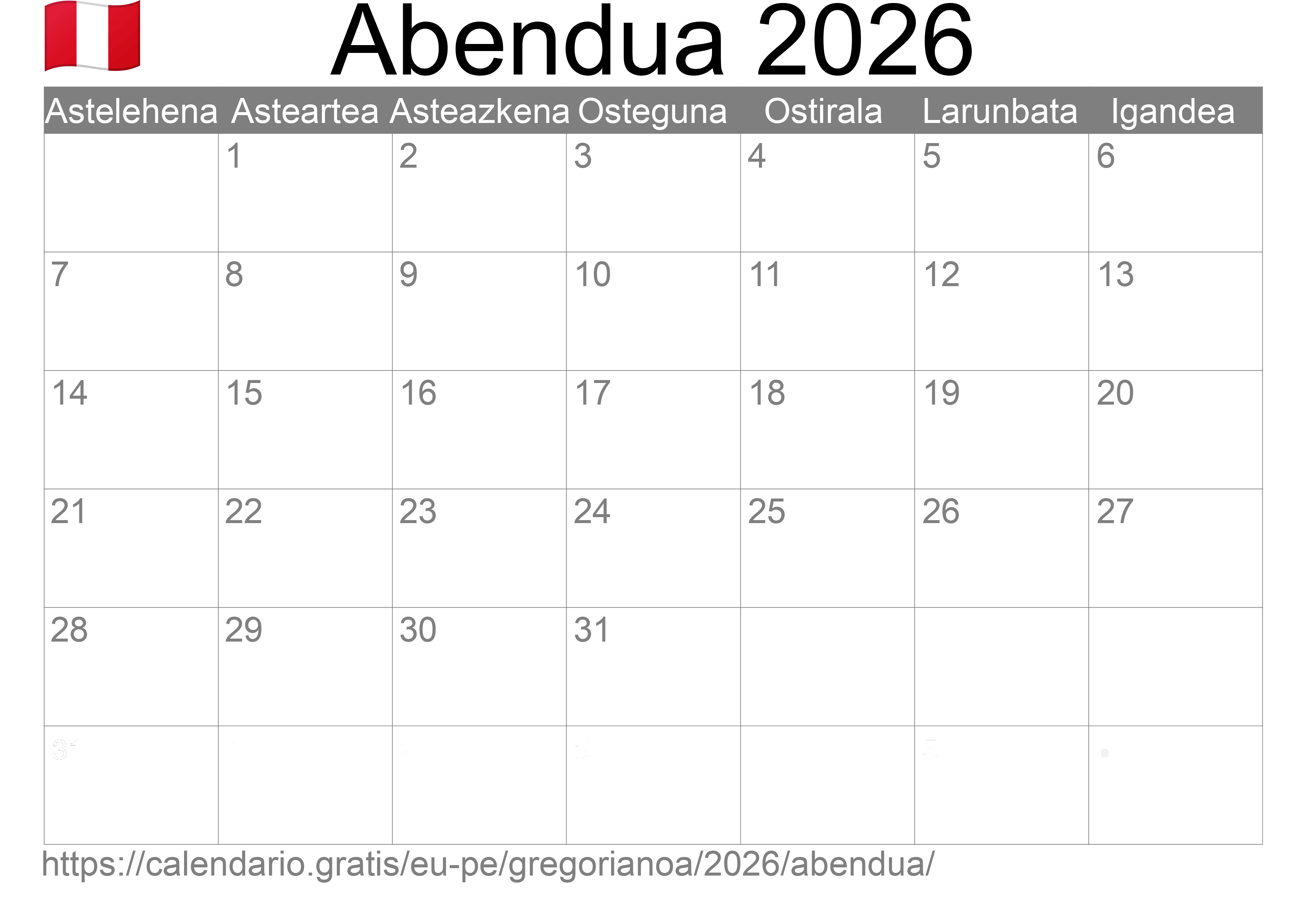 2026ko Abendua egutegia inprimatzeko