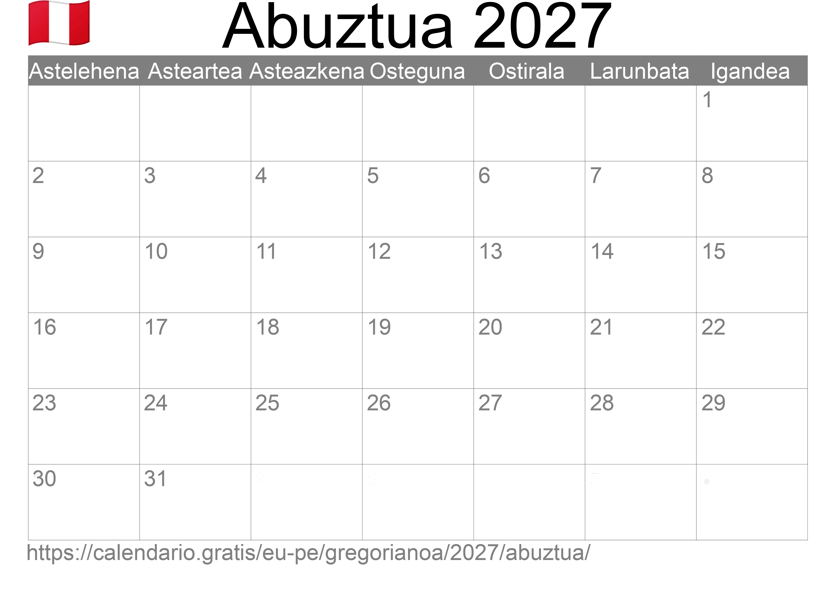 2027ko Abuztua egutegia inprimatzeko