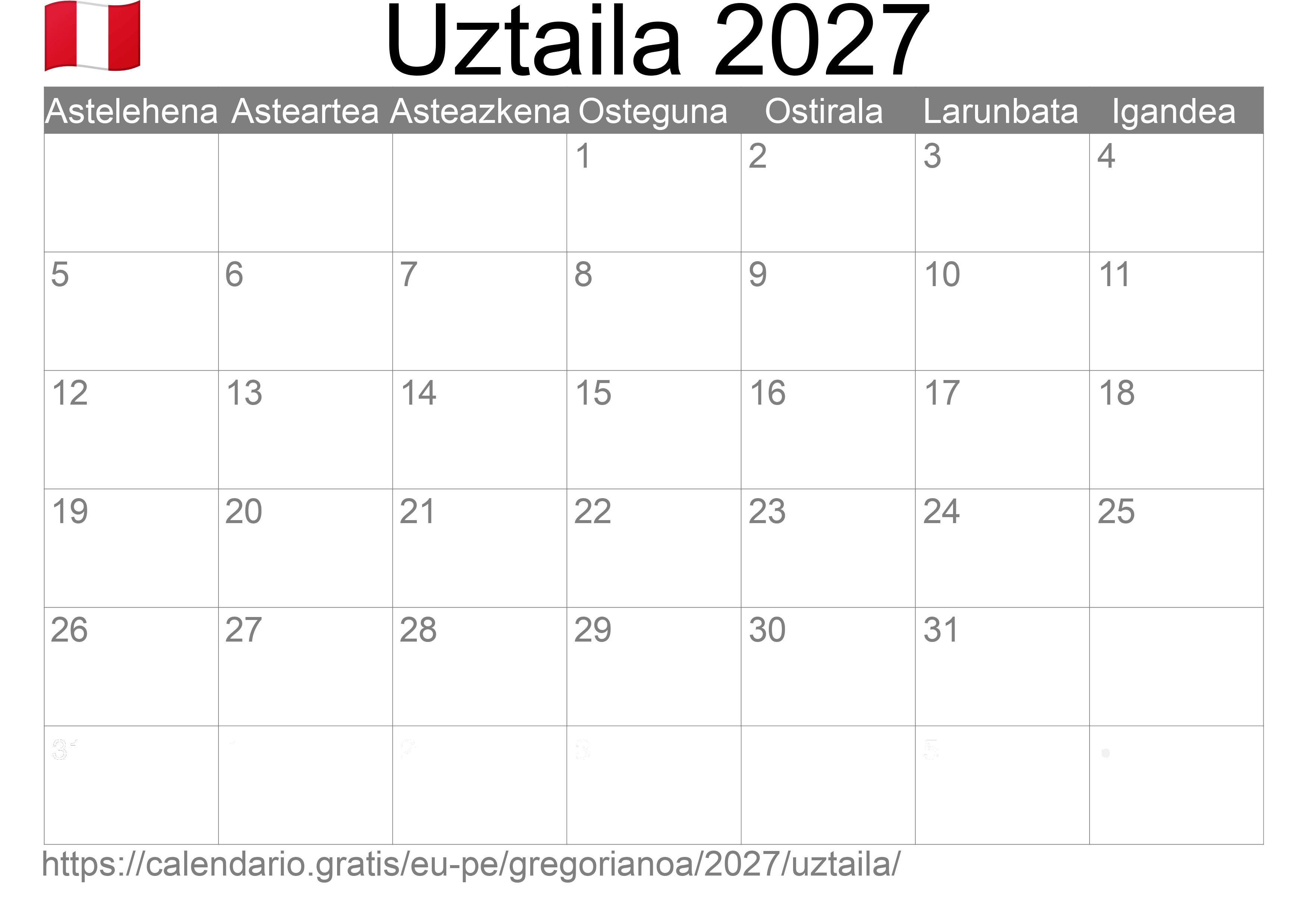 2027ko Uztaila egutegia inprimatzeko