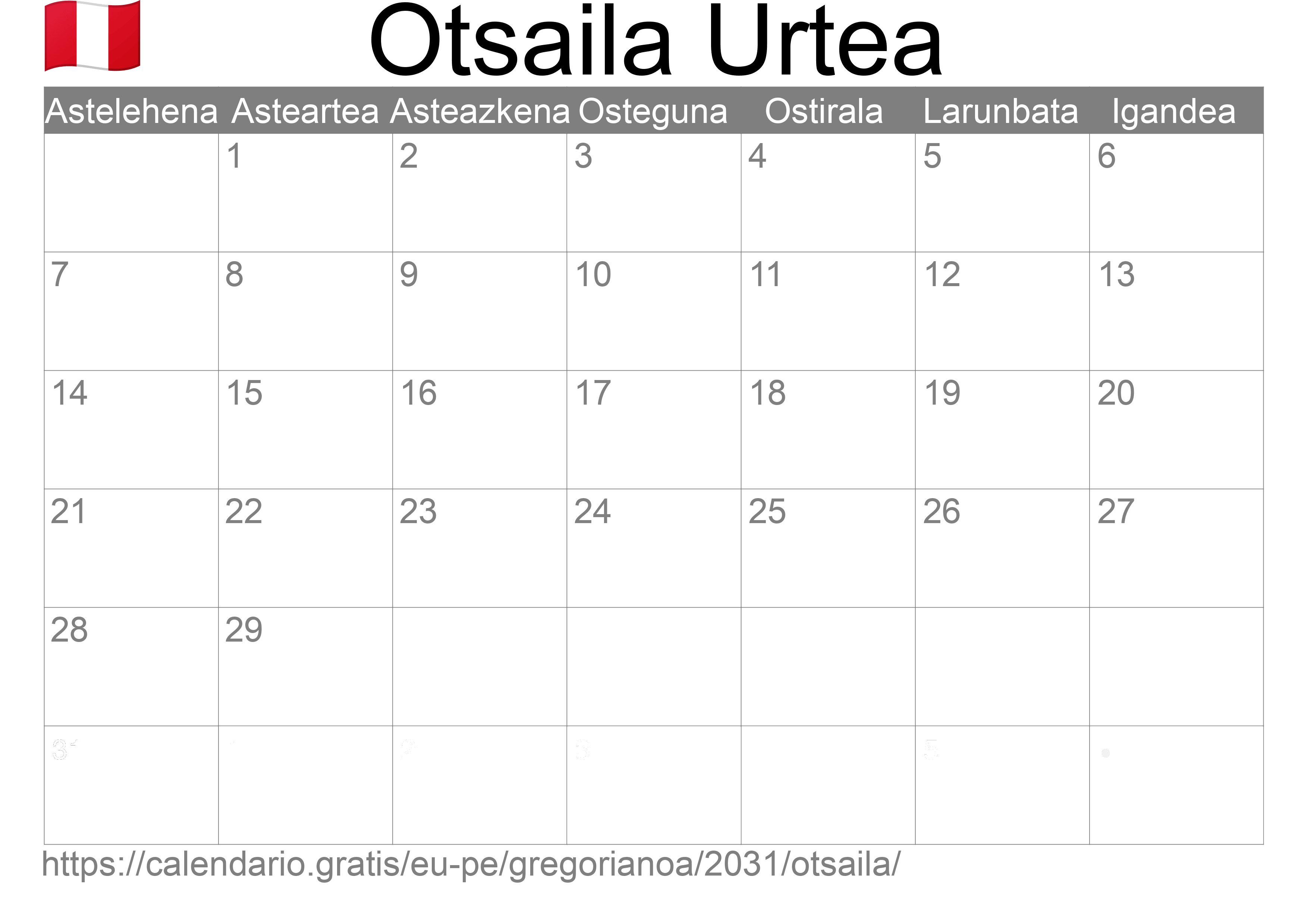 2031ko Otsaila egutegia inprimatzeko