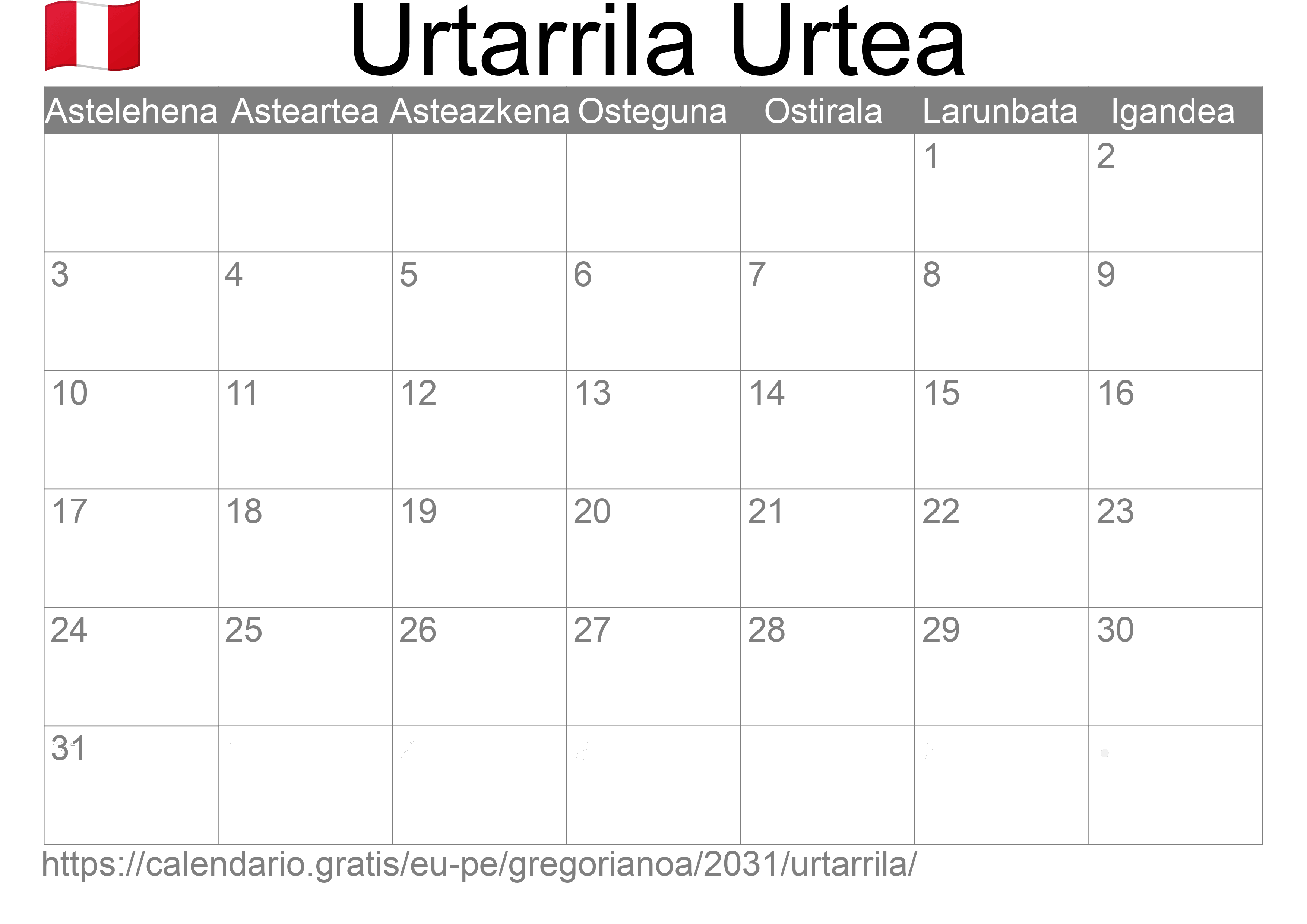 2031ko Urtarrila egutegia inprimatzeko