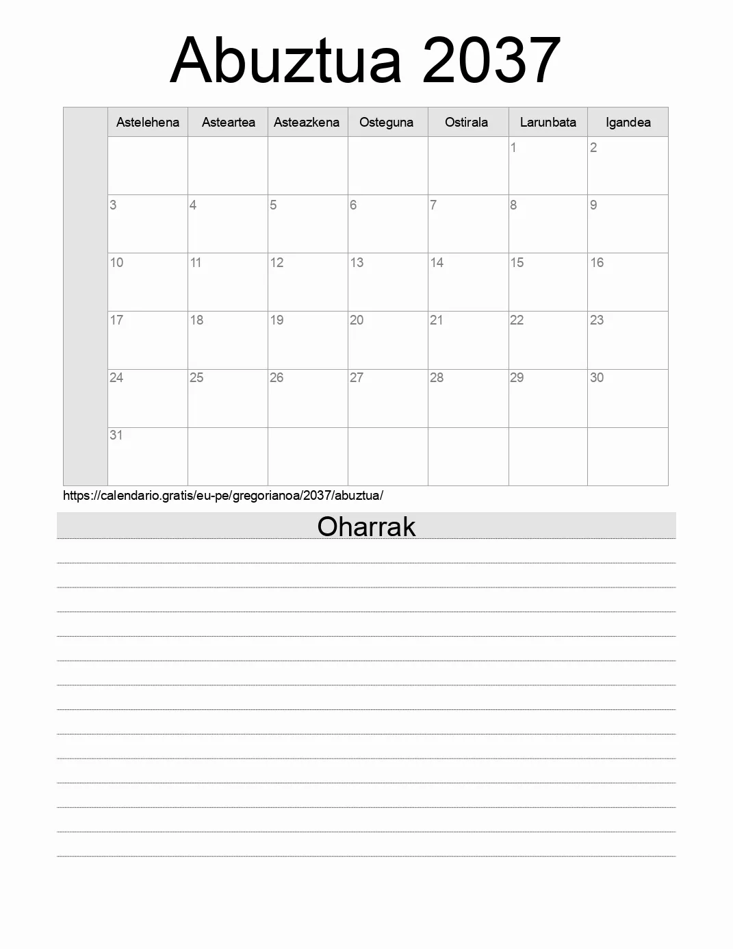 Inprimatzeko Abuztua 2037 egutegia, oharrekin. (Peru)