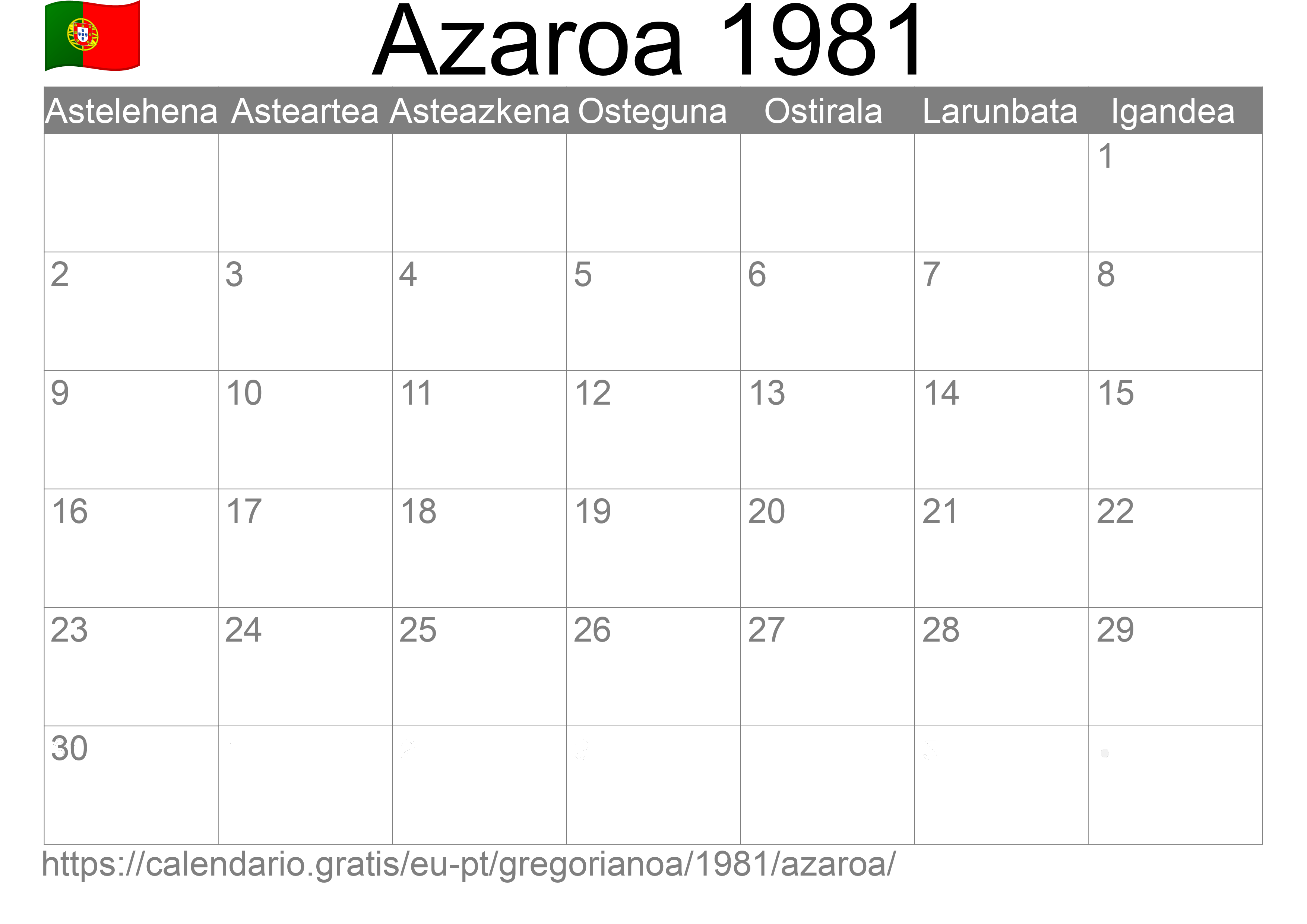 1981ko Azaroa egutegia inprimatzeko