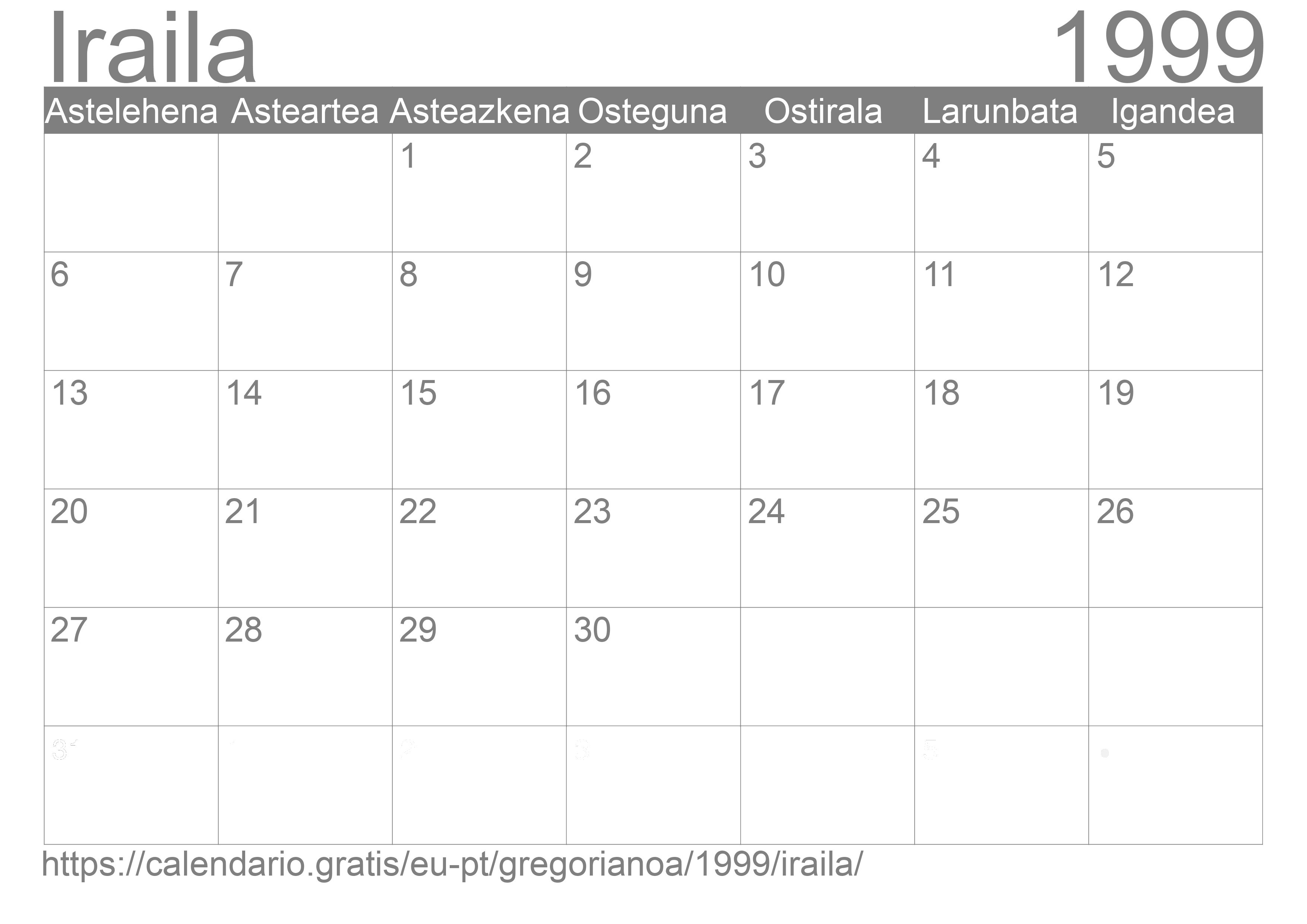 1999ko Iraila egutegia inprimatzeko