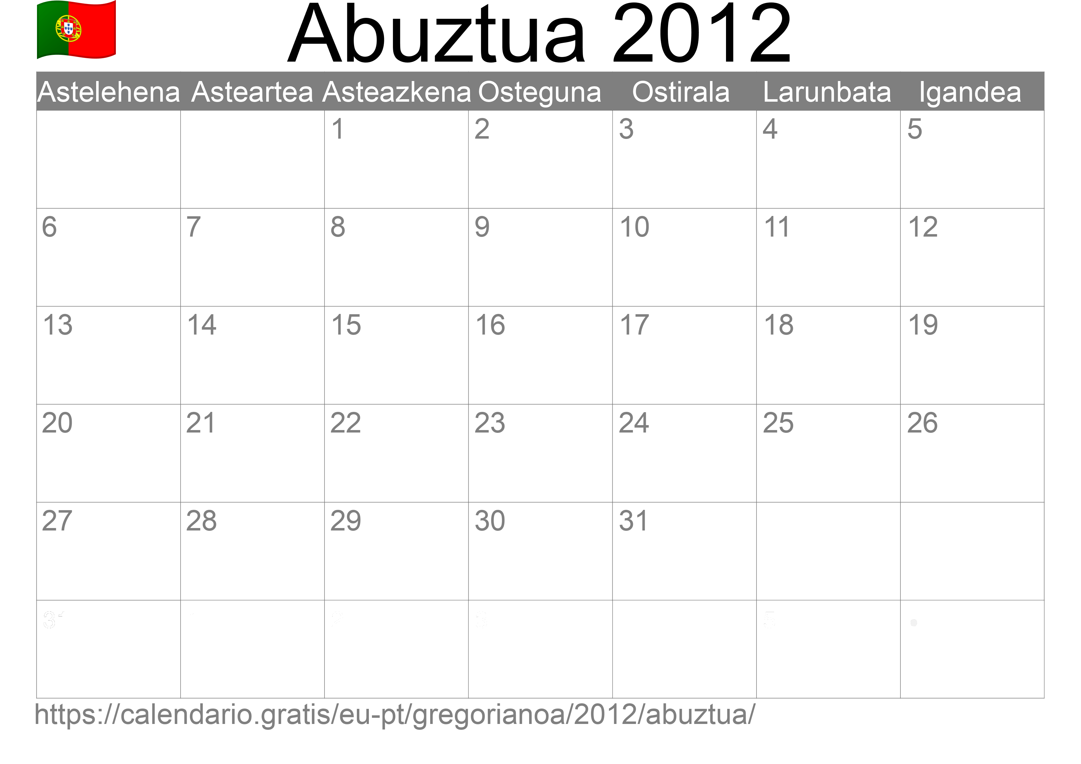 2012ko Abuztua egutegia inprimatzeko