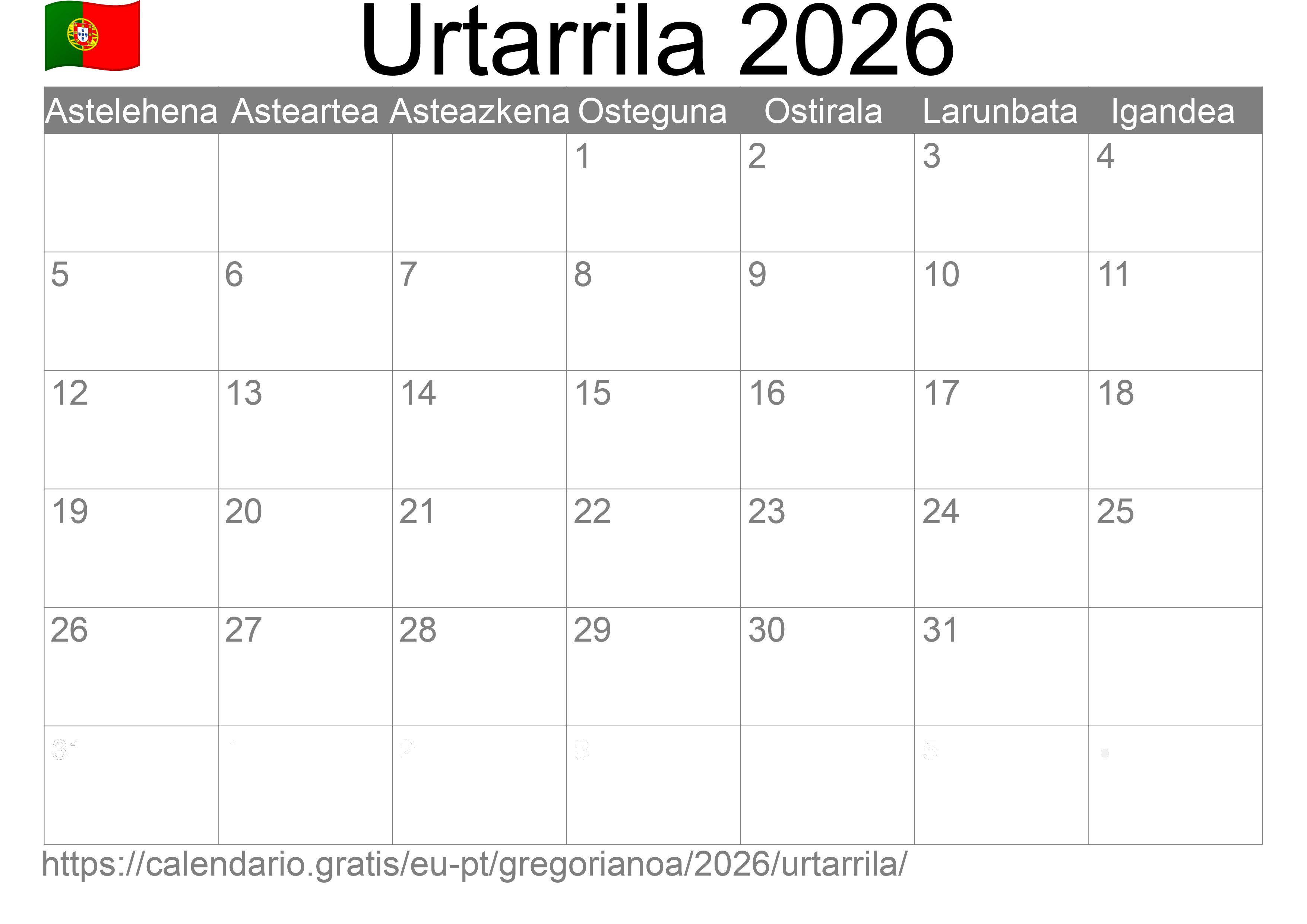 2026ko Urtarrila egutegia inprimatzeko