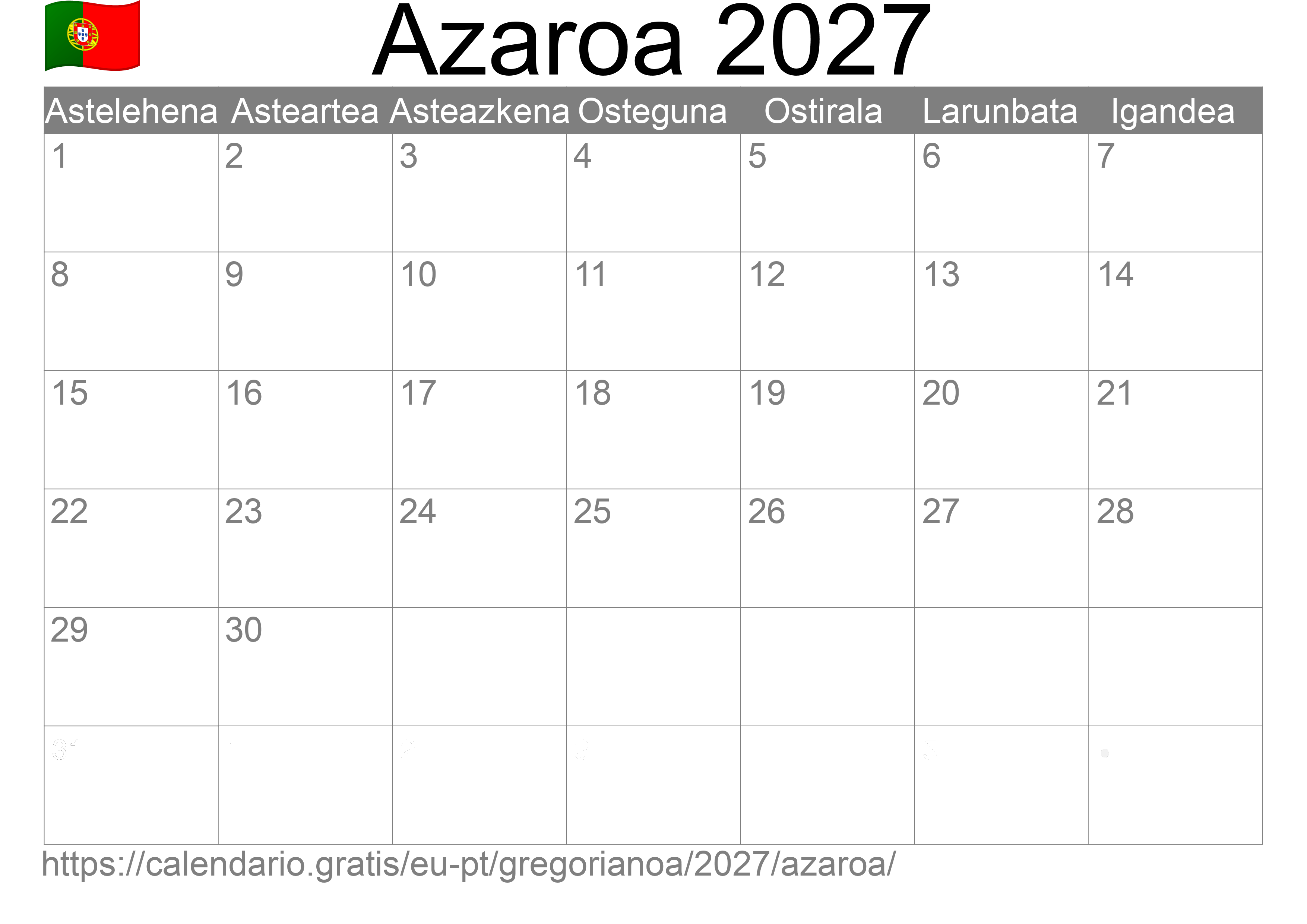 2027ko Azaroa egutegia inprimatzeko