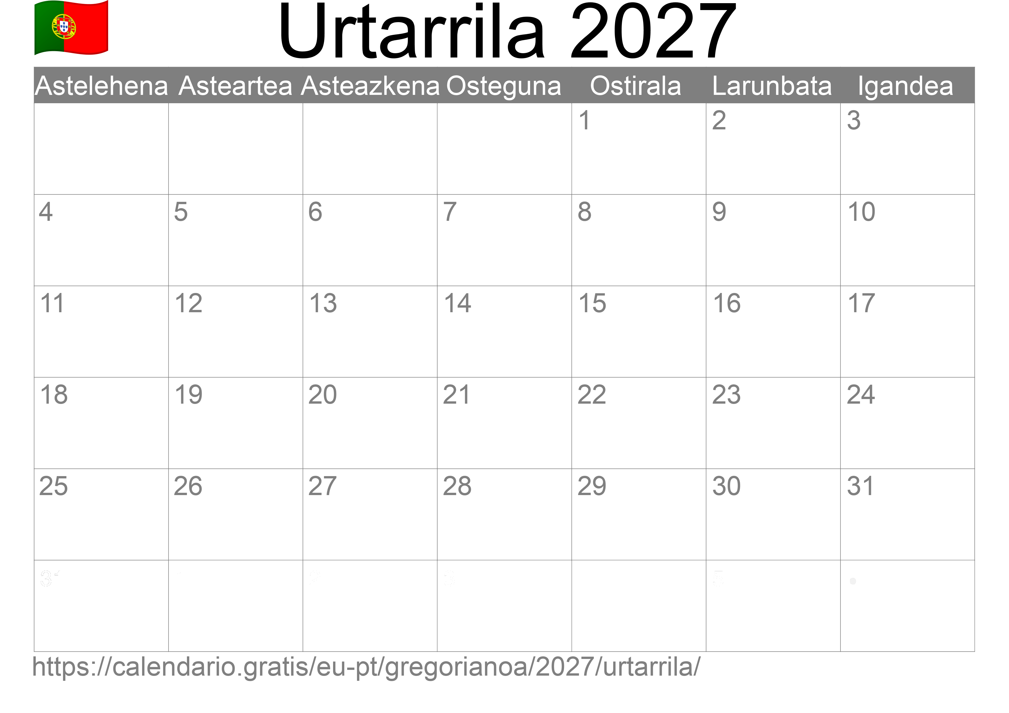 2027ko Urtarrila egutegia inprimatzeko