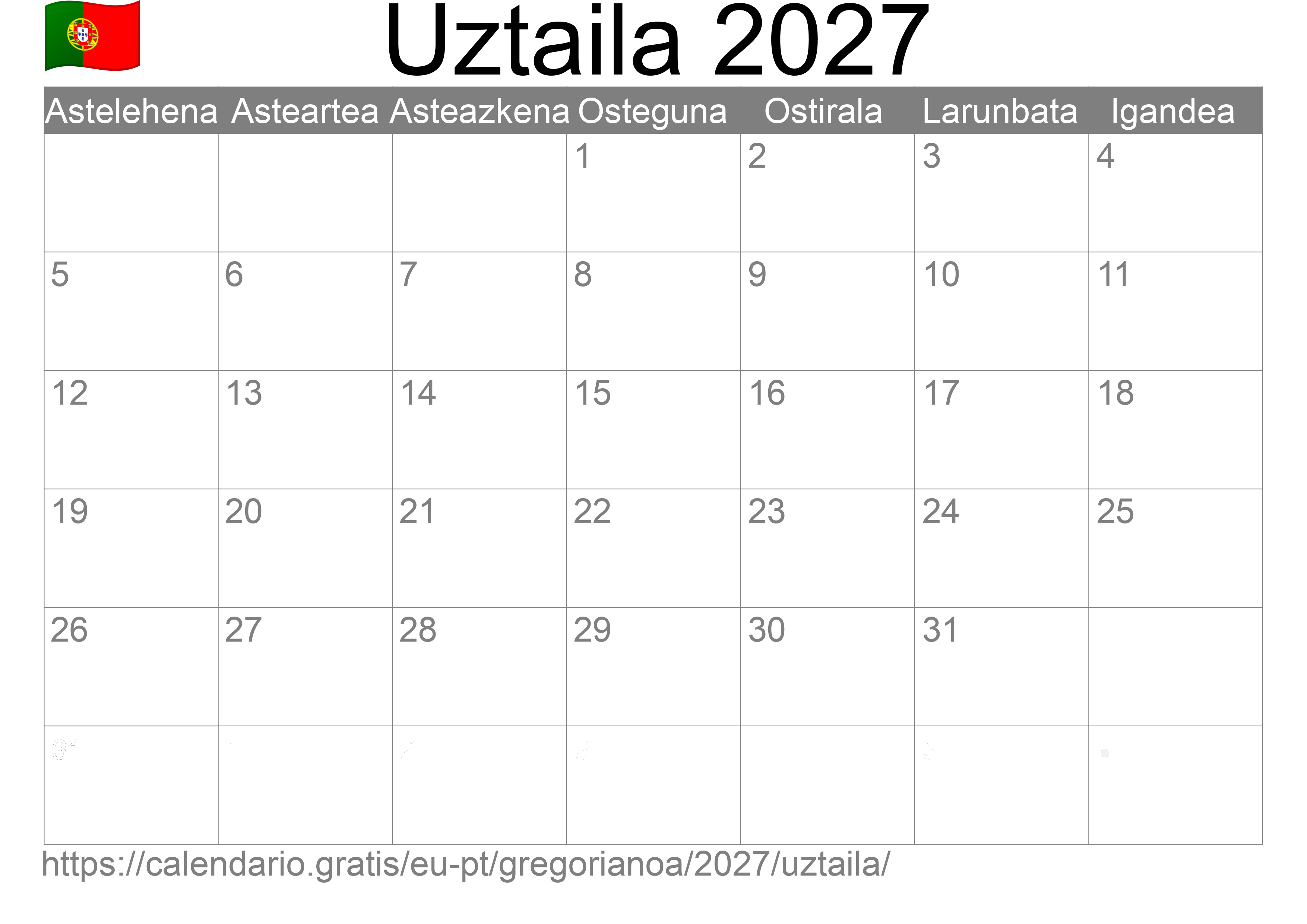 2027ko Uztaila egutegia inprimatzeko