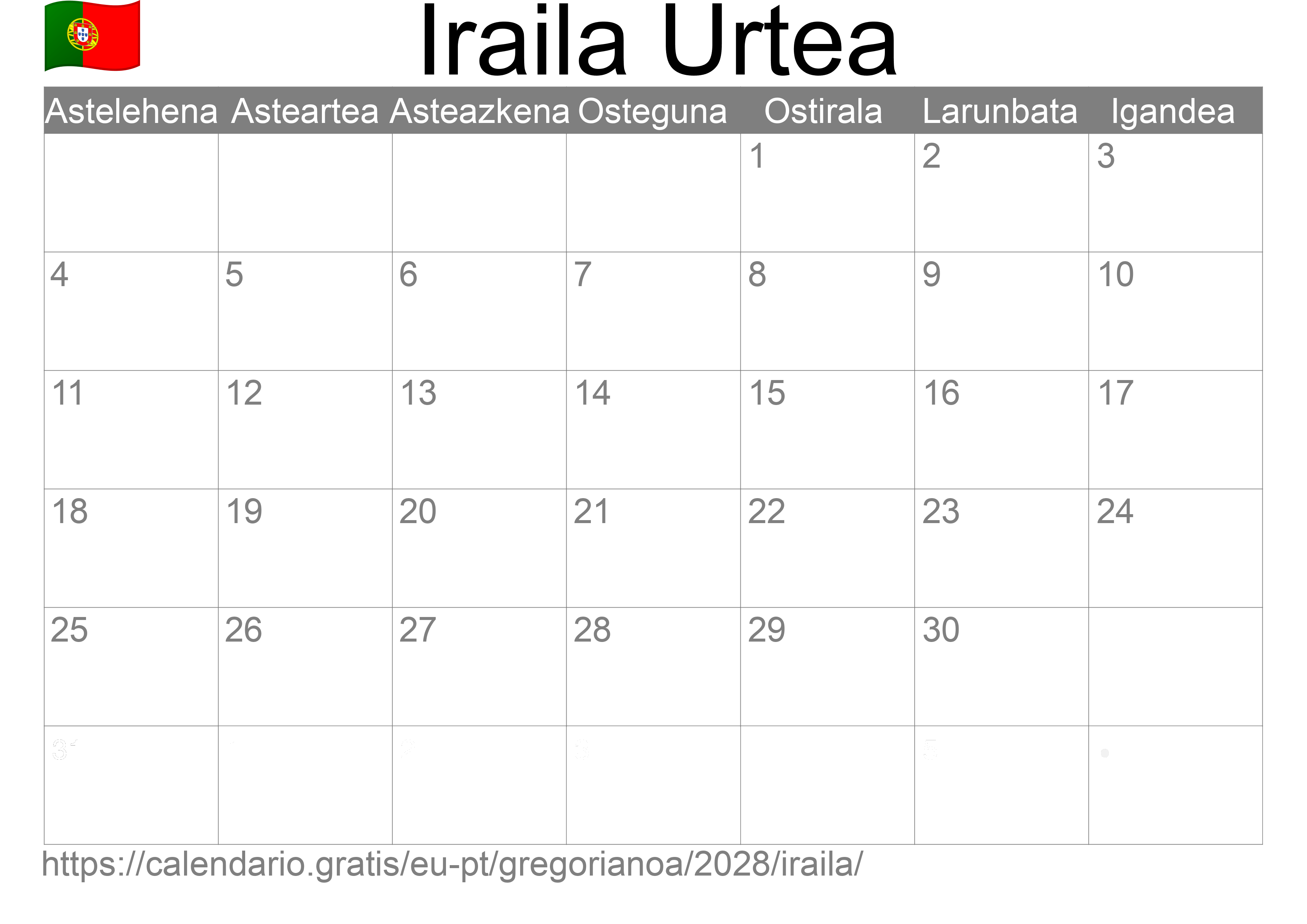 2028ko Iraila egutegia inprimatzeko