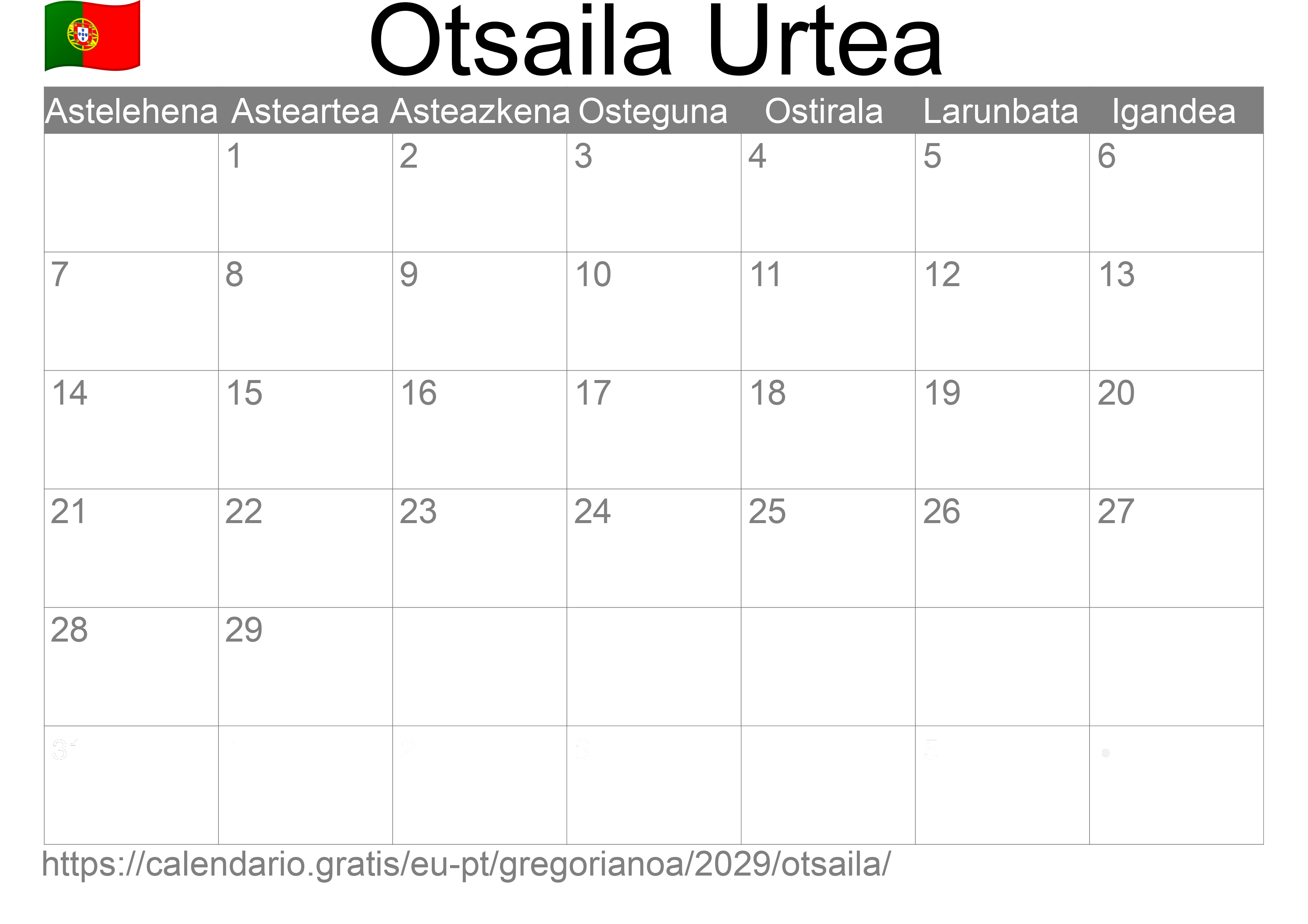 2029ko Otsaila egutegia inprimatzeko