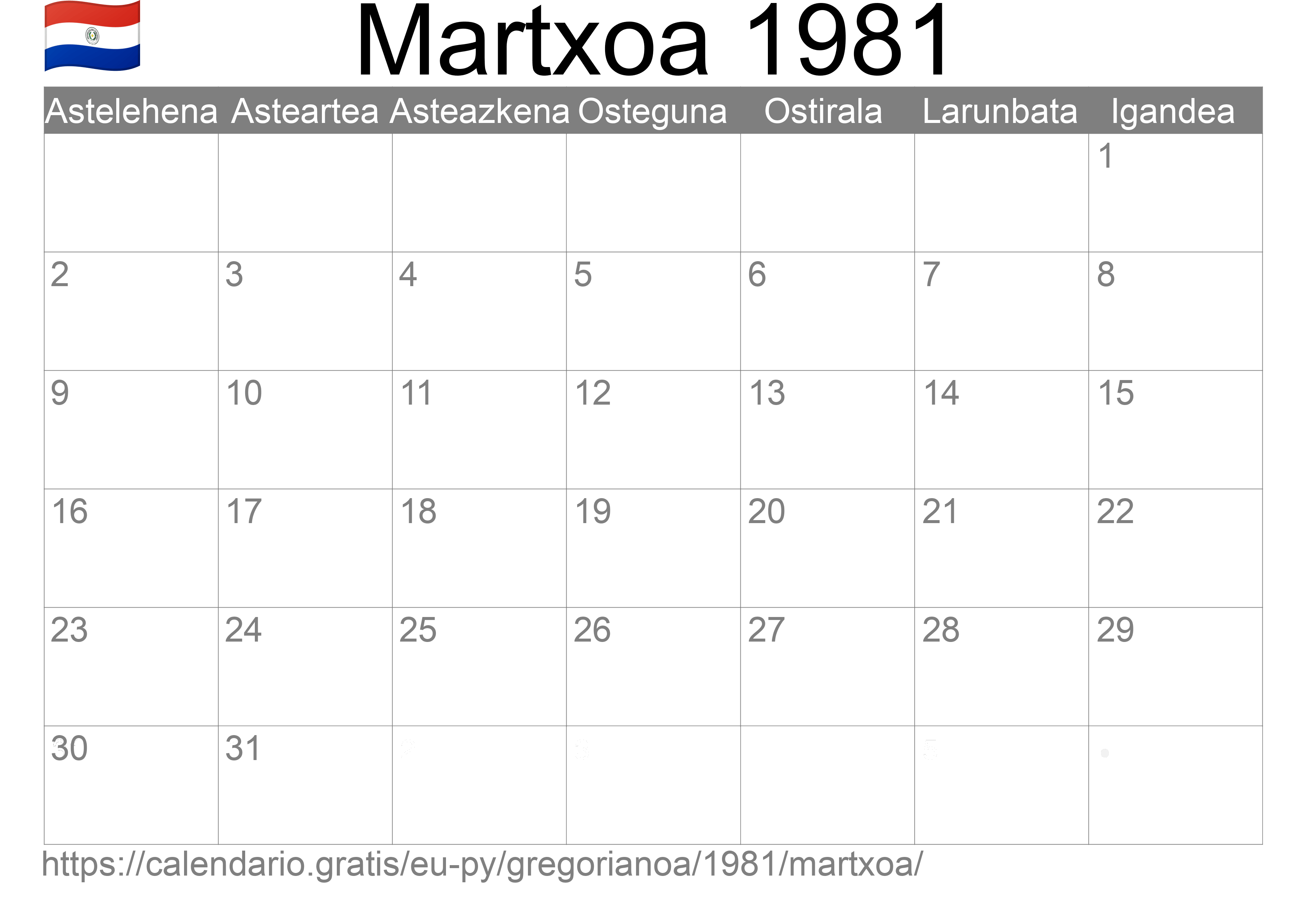 1981ko Martxoa egutegia inprimatzeko