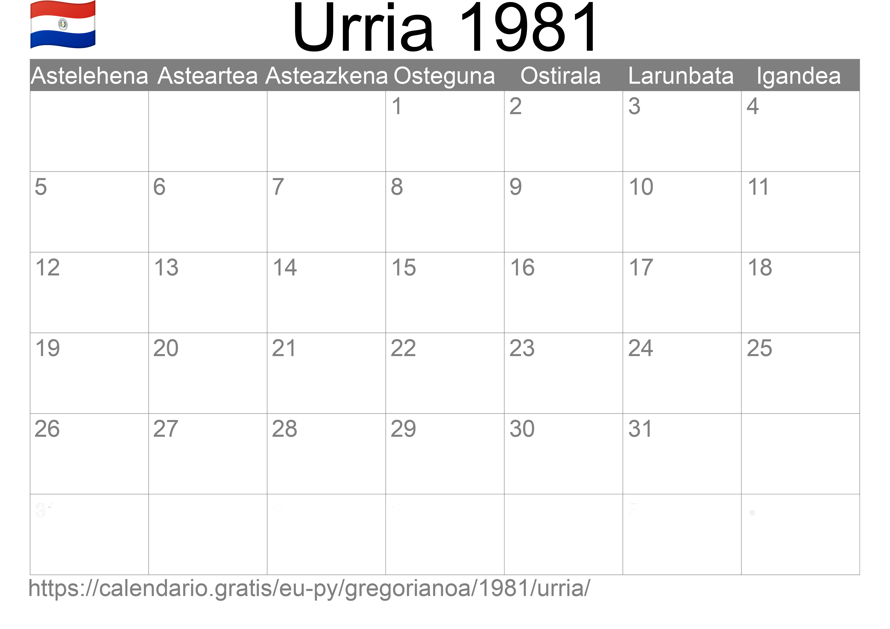 1981ko Urria egutegia inprimatzeko