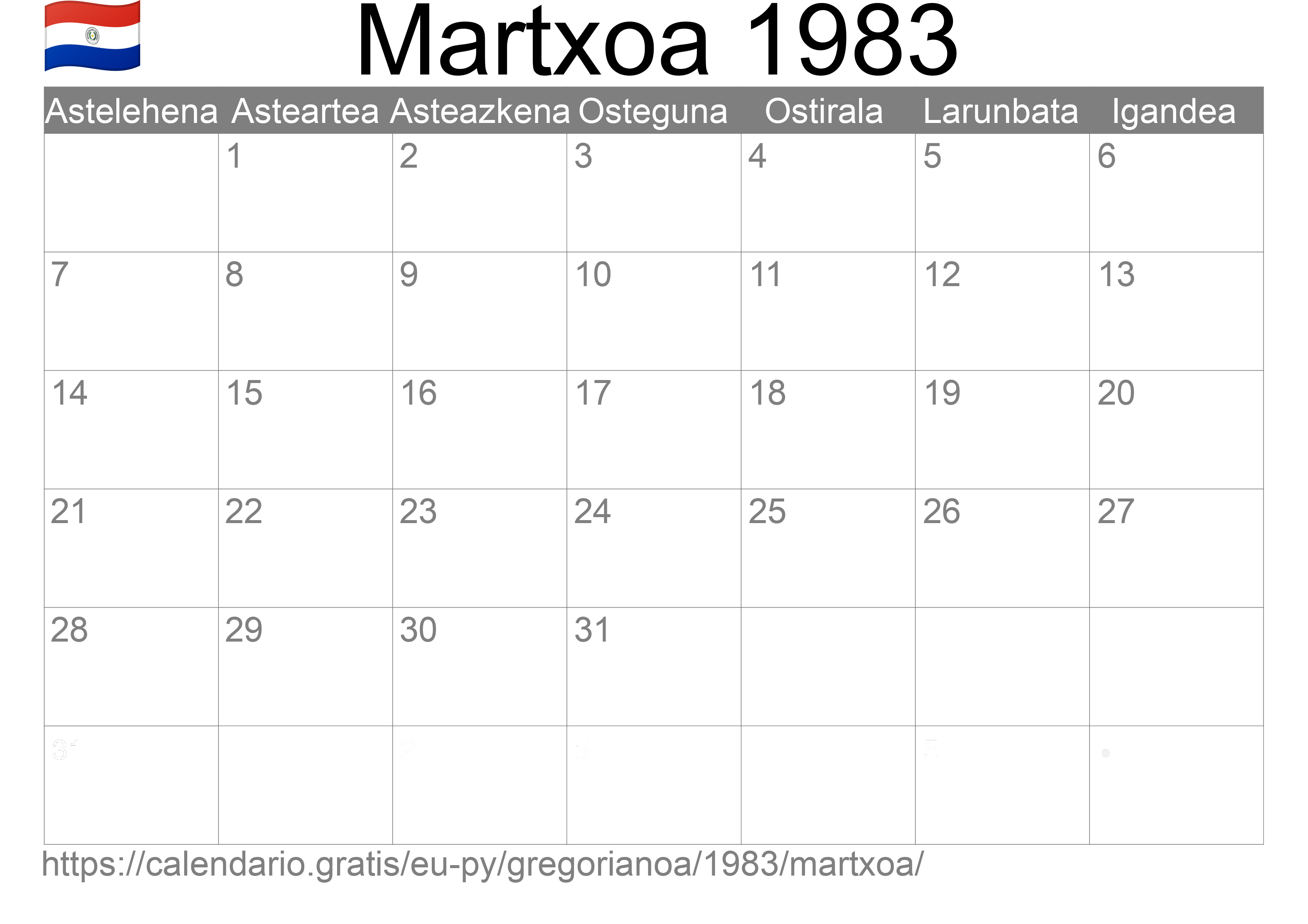 1983ko Martxoa egutegia inprimatzeko