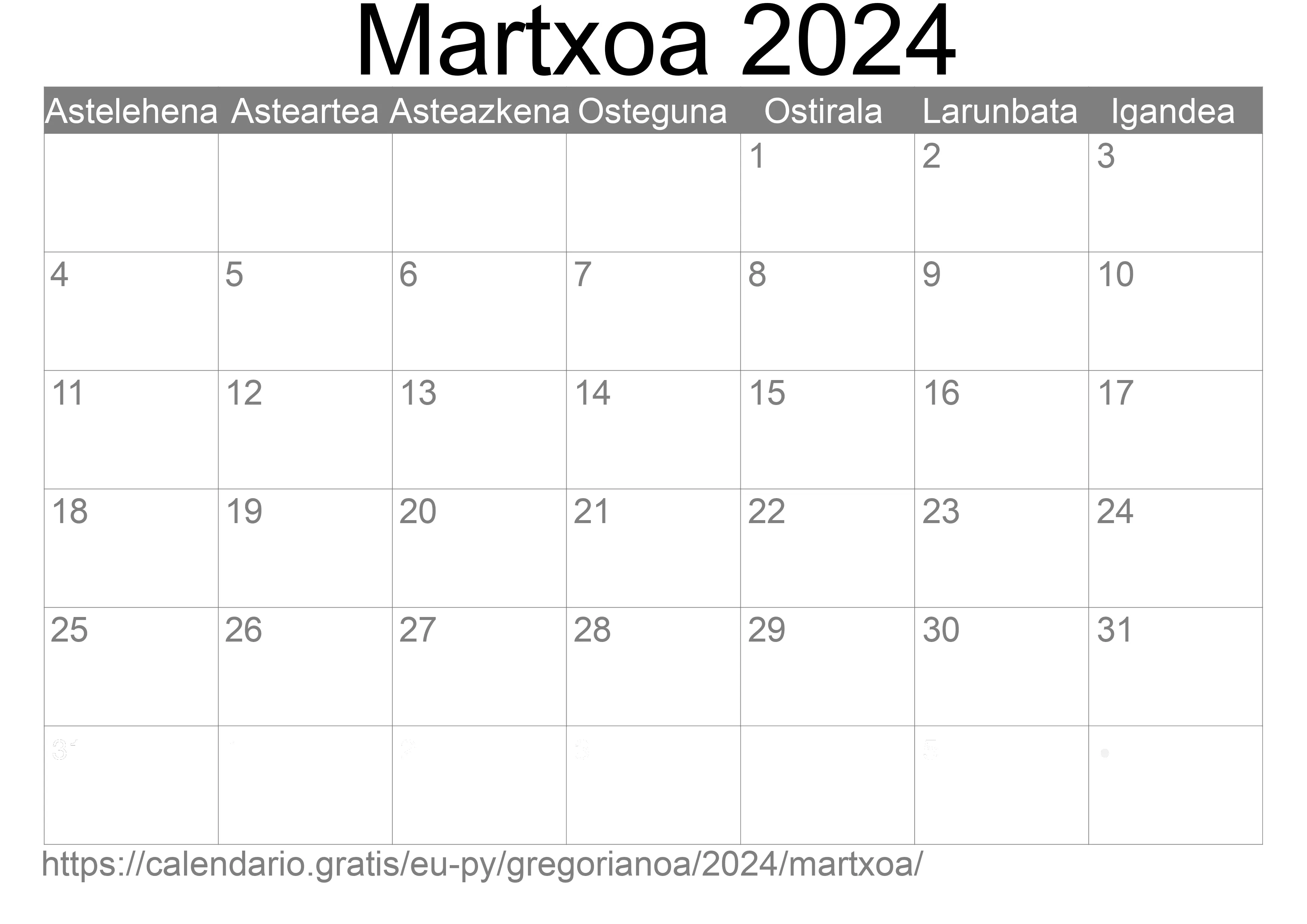 2024ko Martxoa egutegia inprimatzeko (Paraguai) 2024ko Martxoa egutegia inprimatzeko (Paraguai)