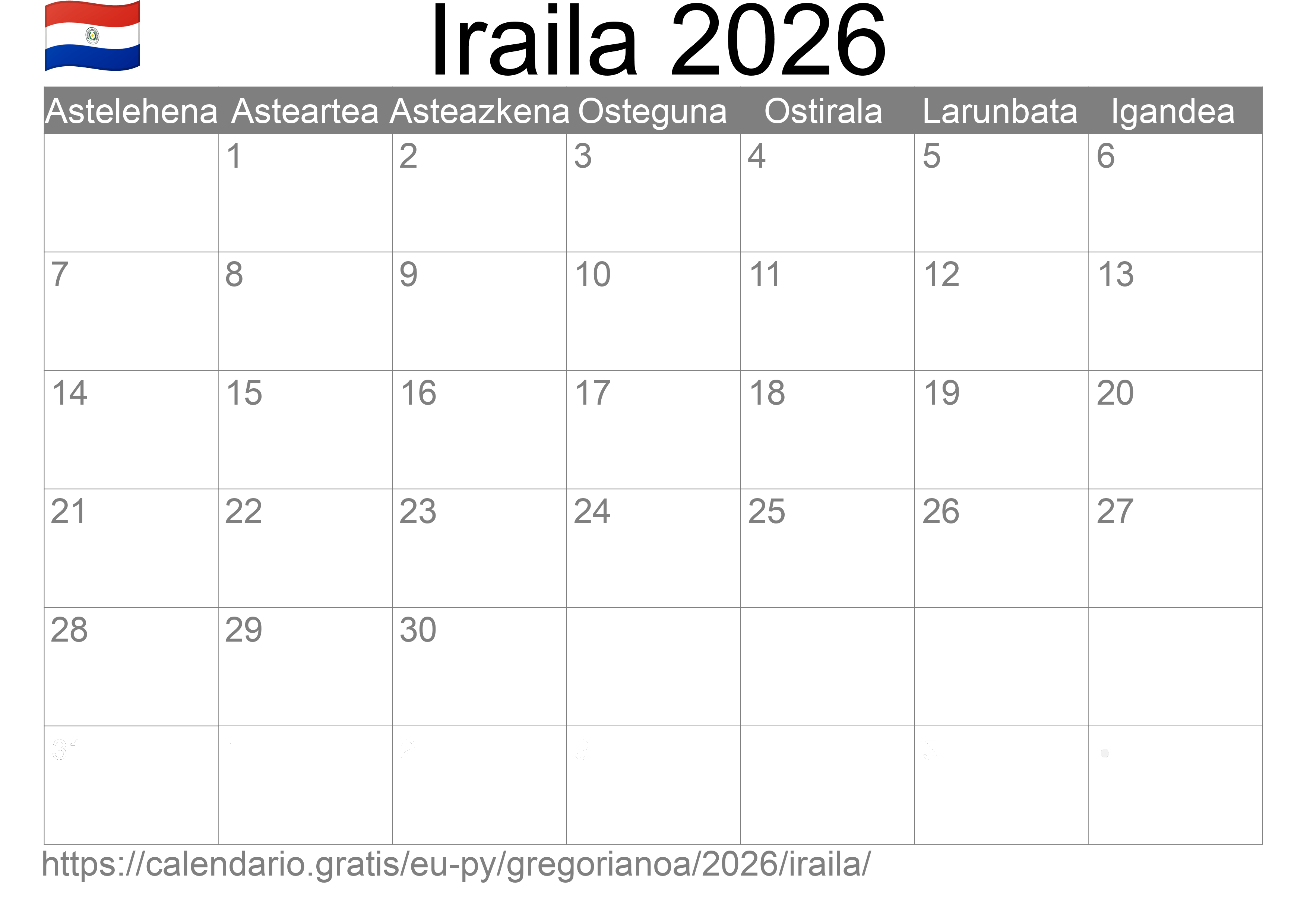 2026ko Iraila egutegia inprimatzeko