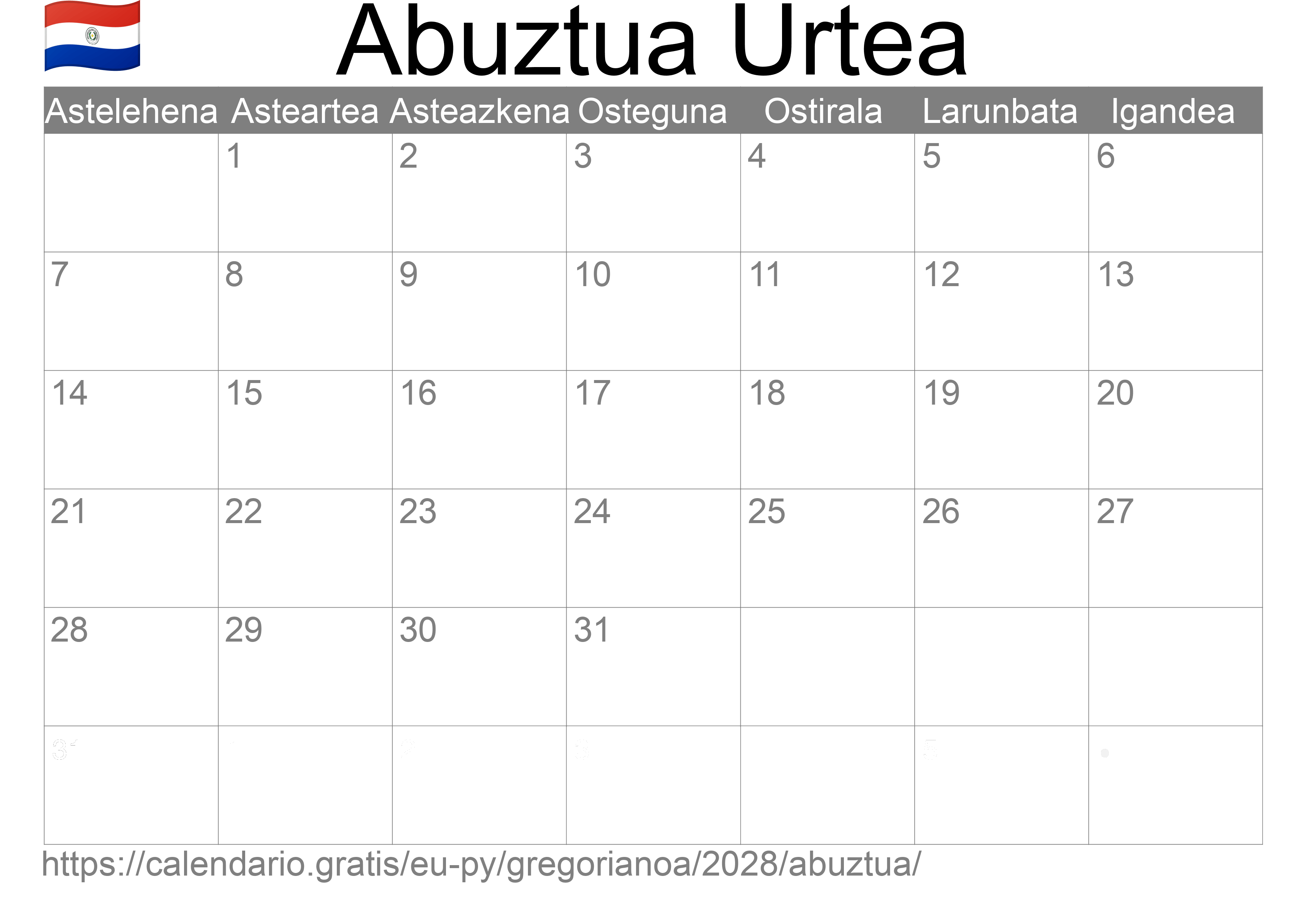 2028ko Abuztua egutegia inprimatzeko