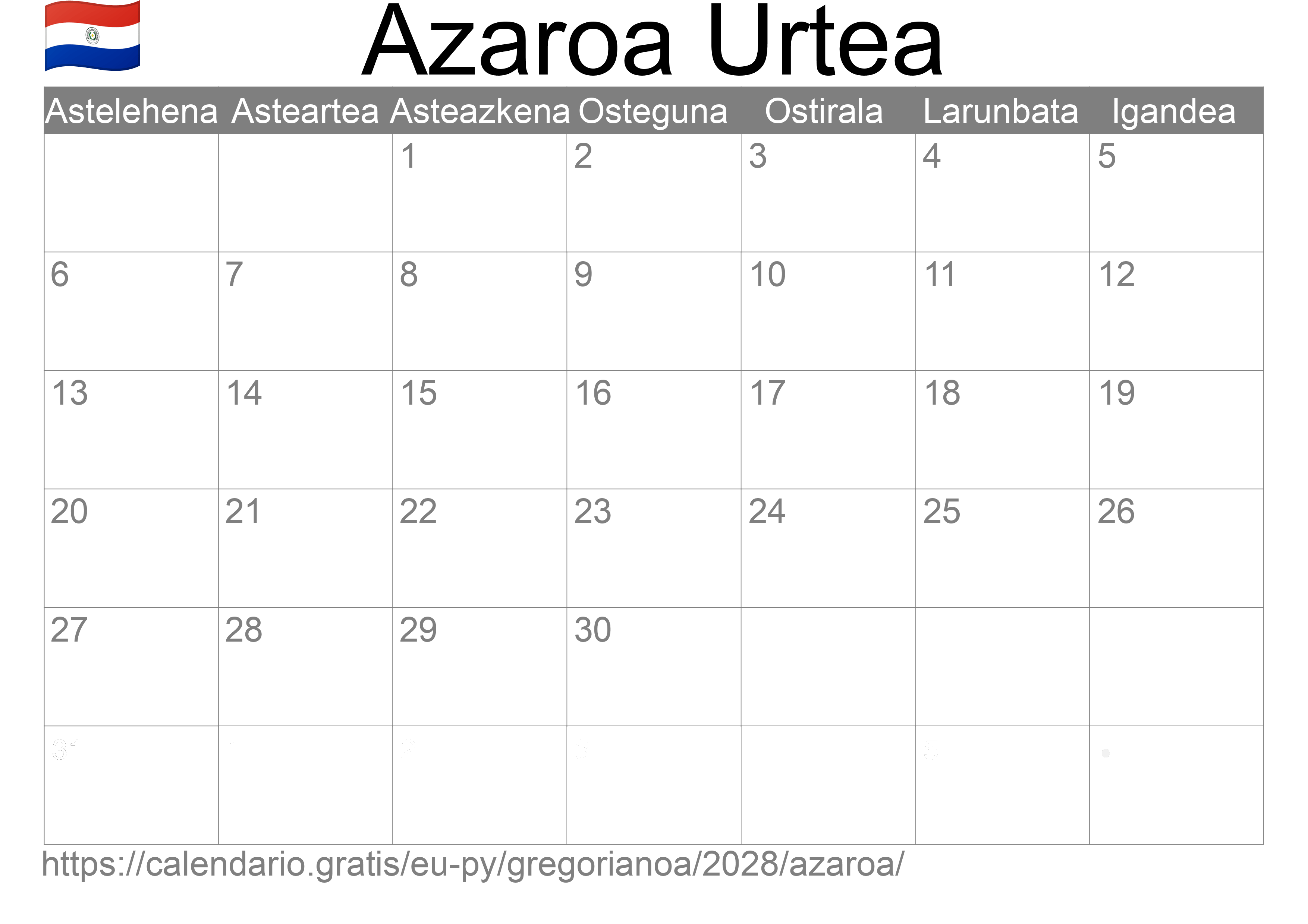 2028ko Azaroa egutegia inprimatzeko