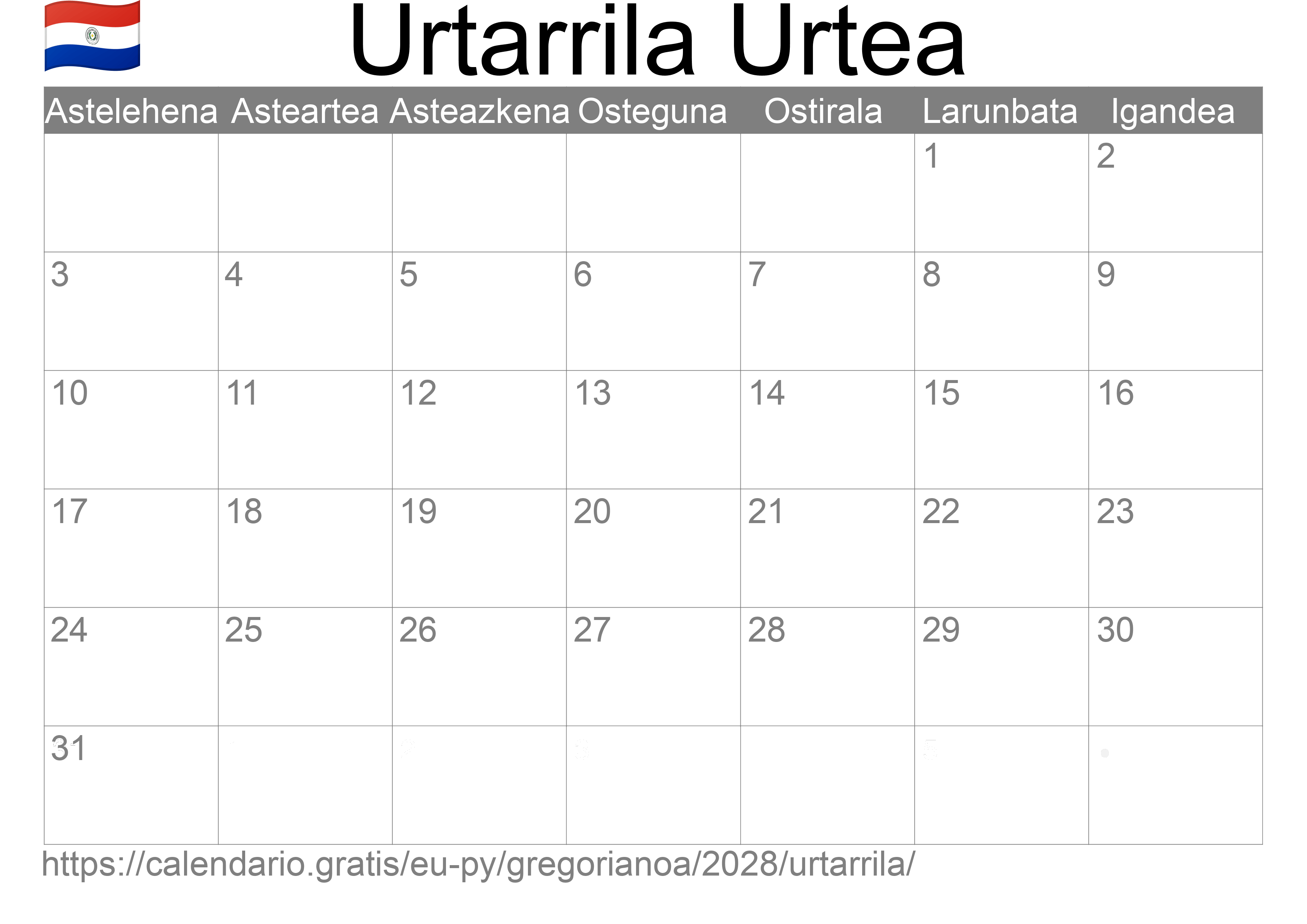 2028ko Urtarrila egutegia inprimatzeko