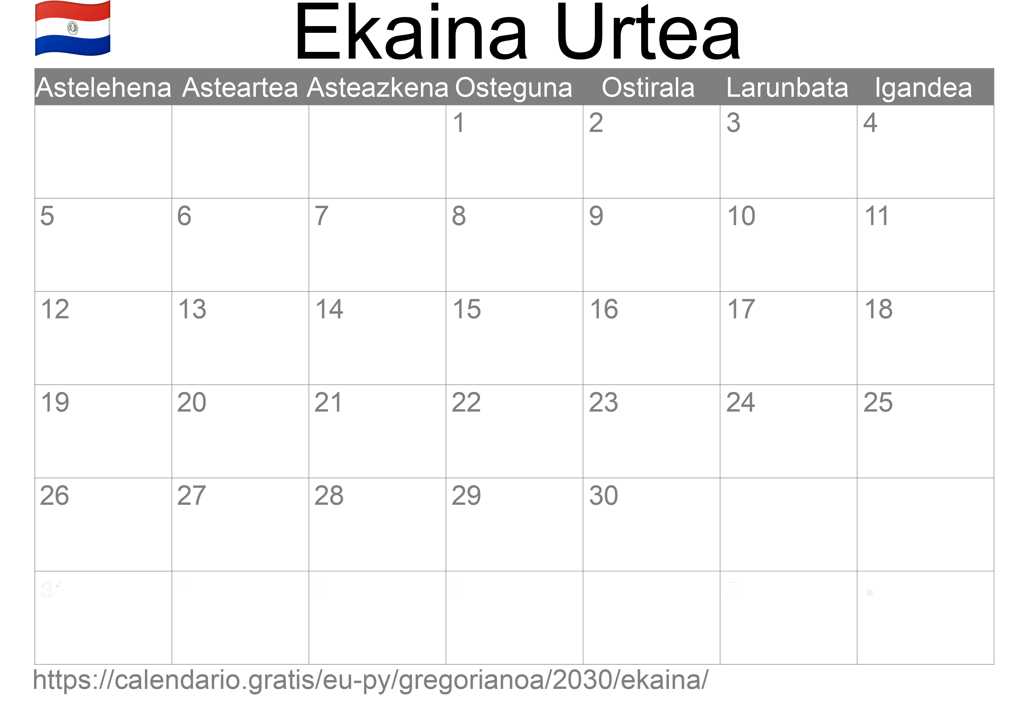 2030ko Ekaina egutegia inprimatzeko