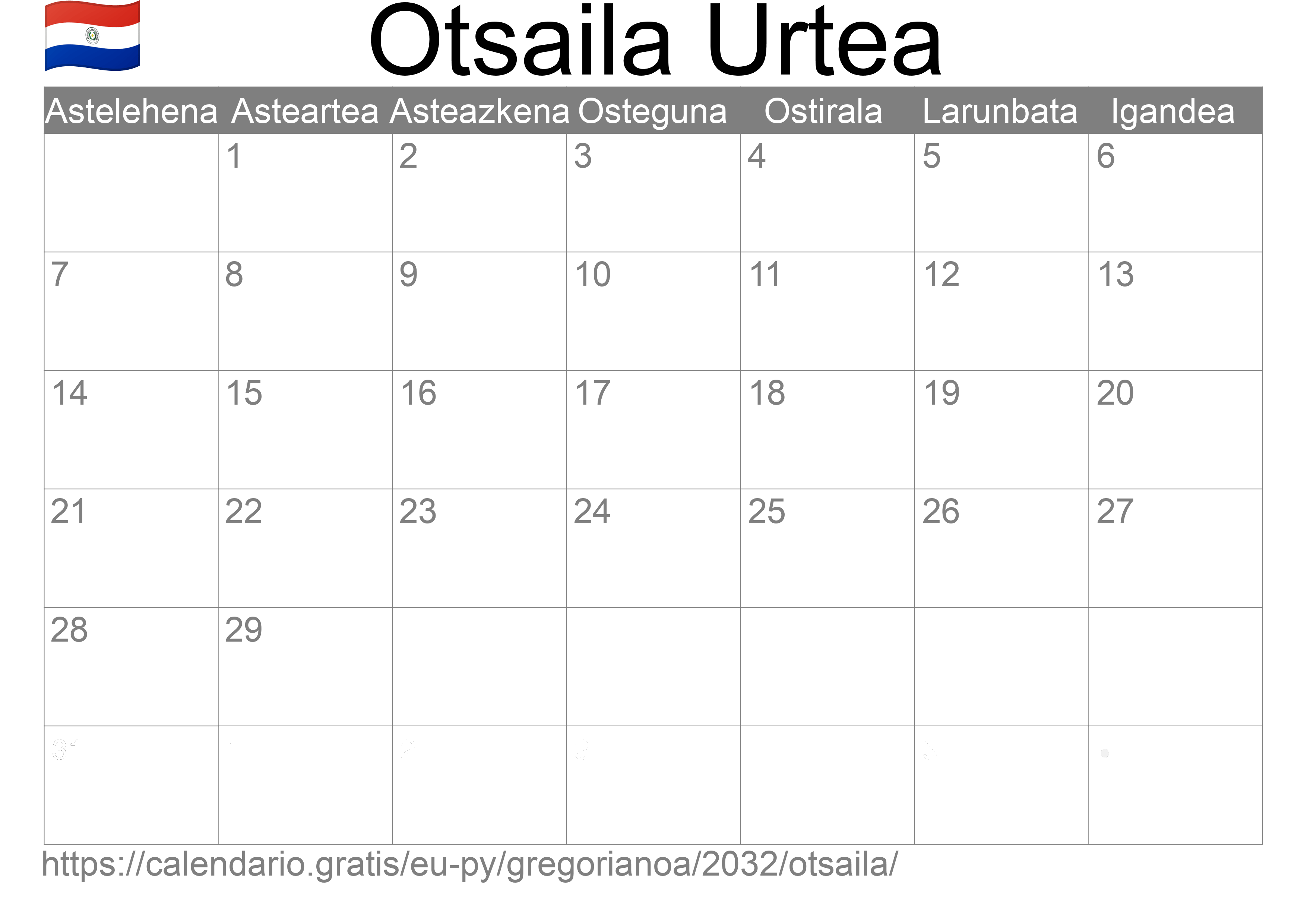 2032ko Otsaila egutegia inprimatzeko