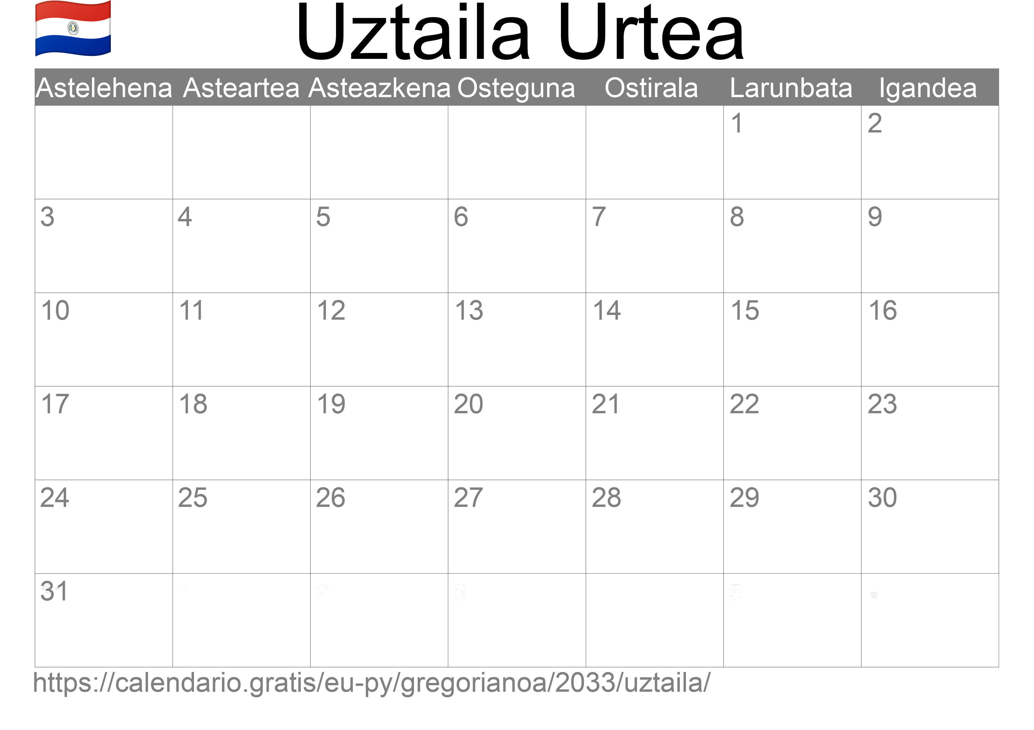 2033ko Uztaila egutegia inprimatzeko