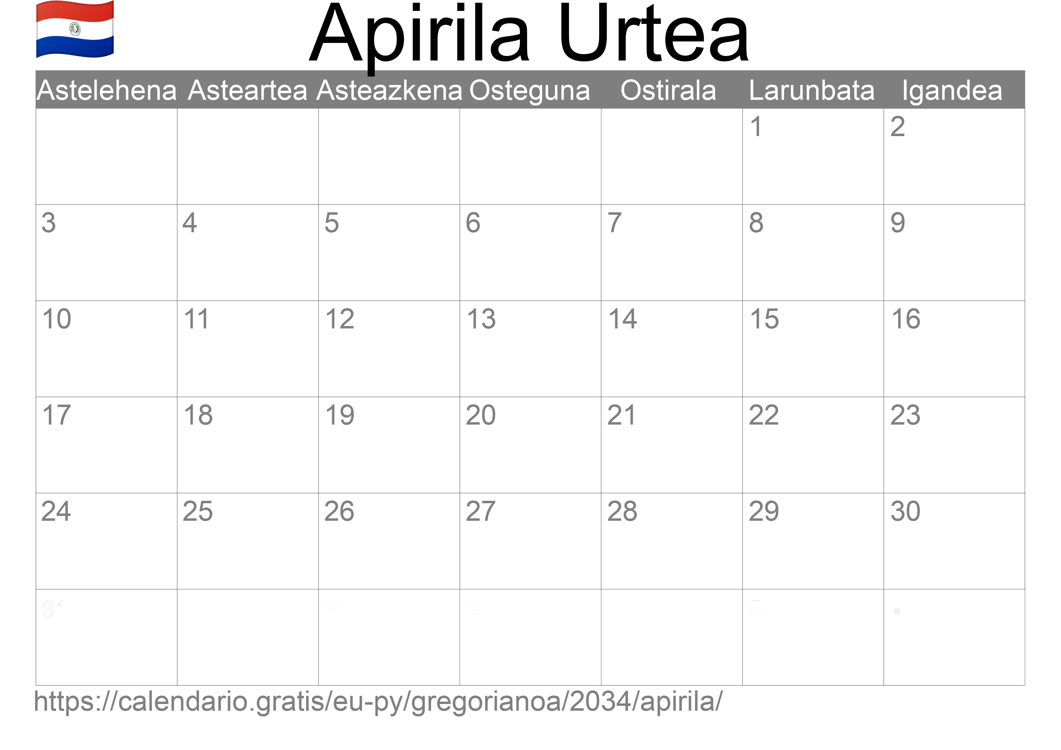 2034ko Apirila egutegia inprimatzeko