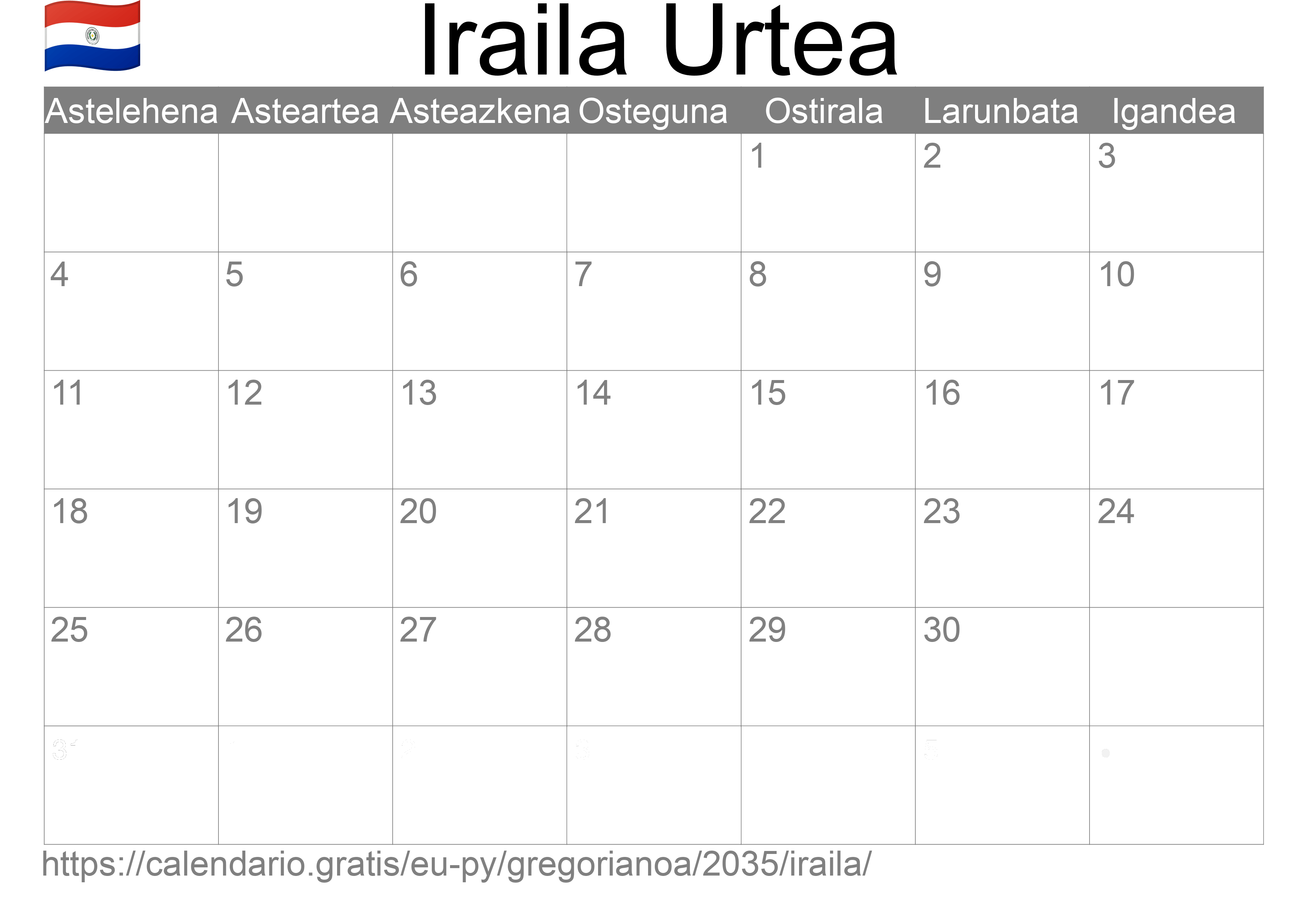 2035ko Iraila egutegia inprimatzeko