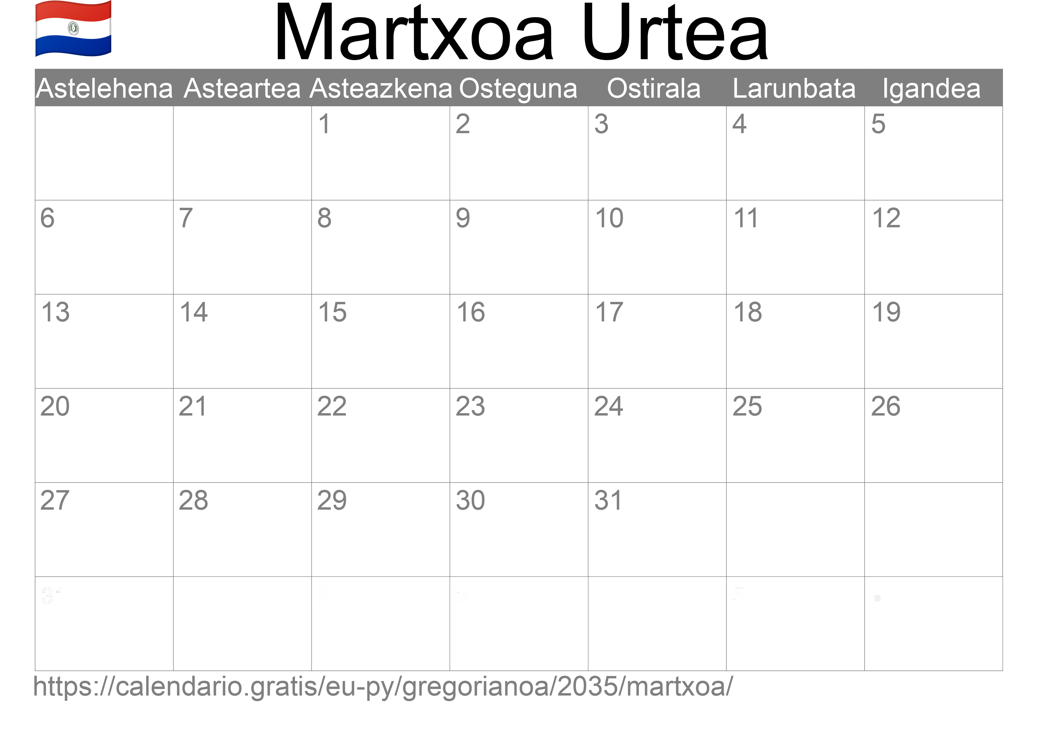 2035ko Martxoa egutegia inprimatzeko