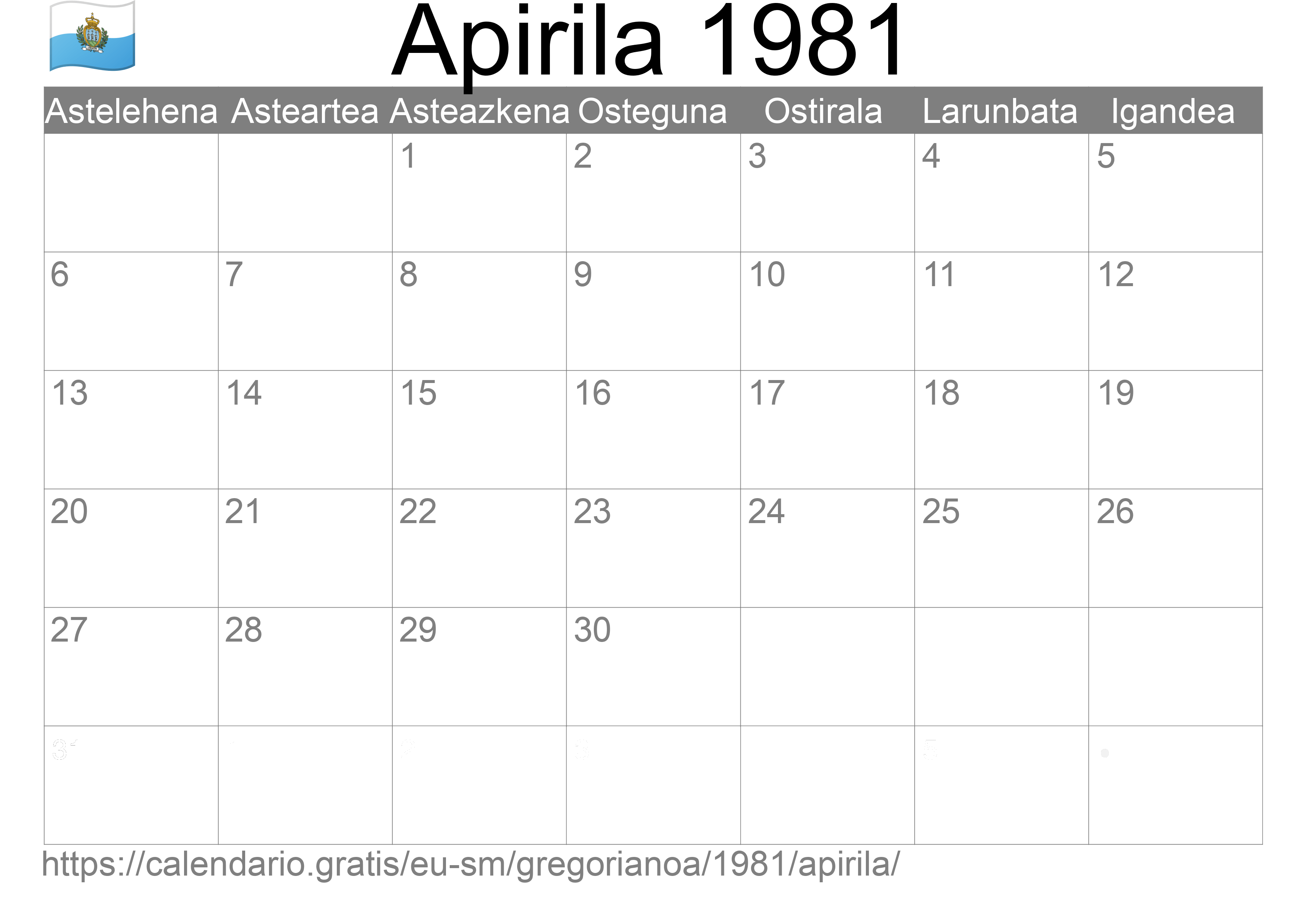 1981ko Apirila egutegia inprimatzeko