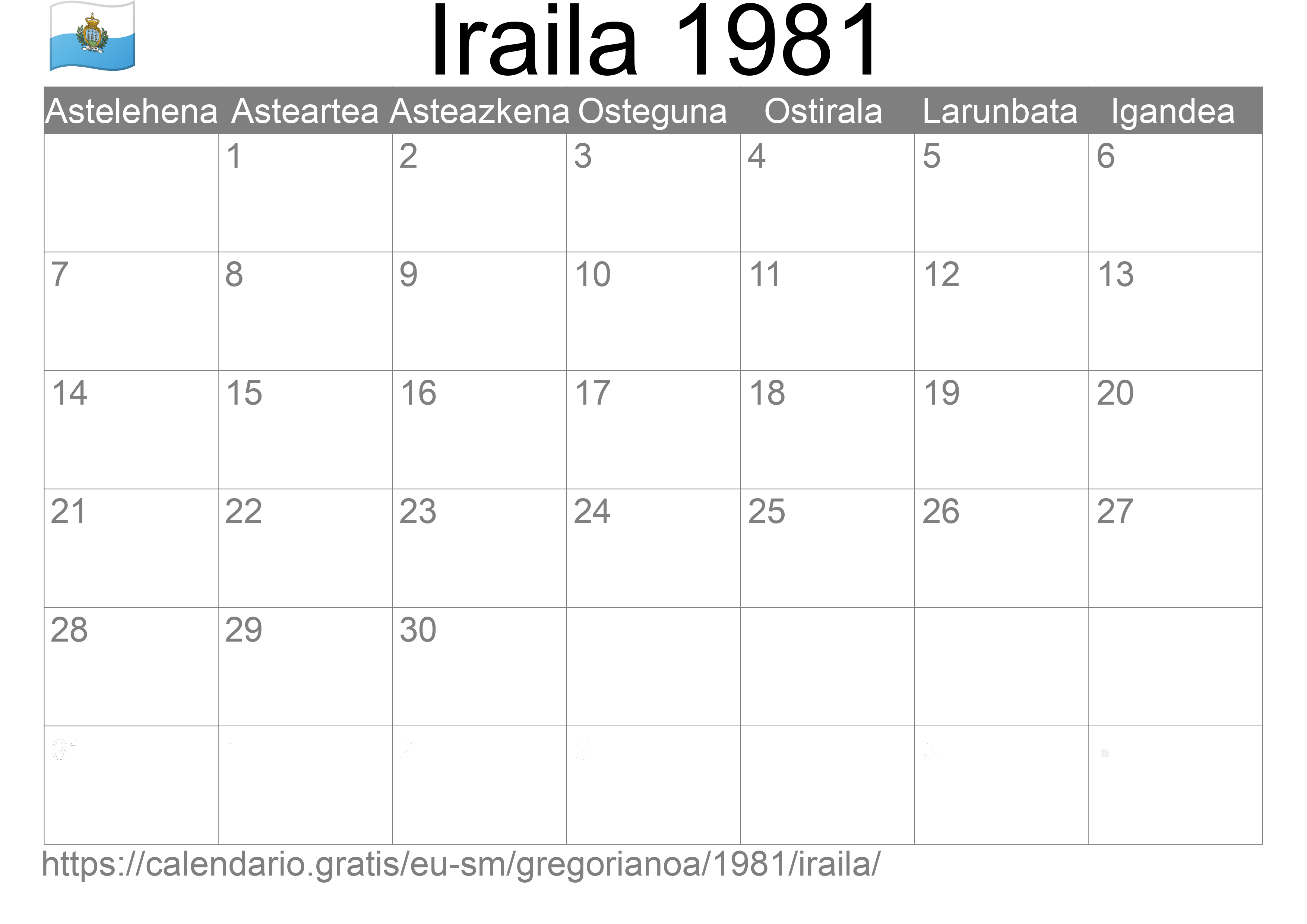 1981ko Iraila egutegia inprimatzeko