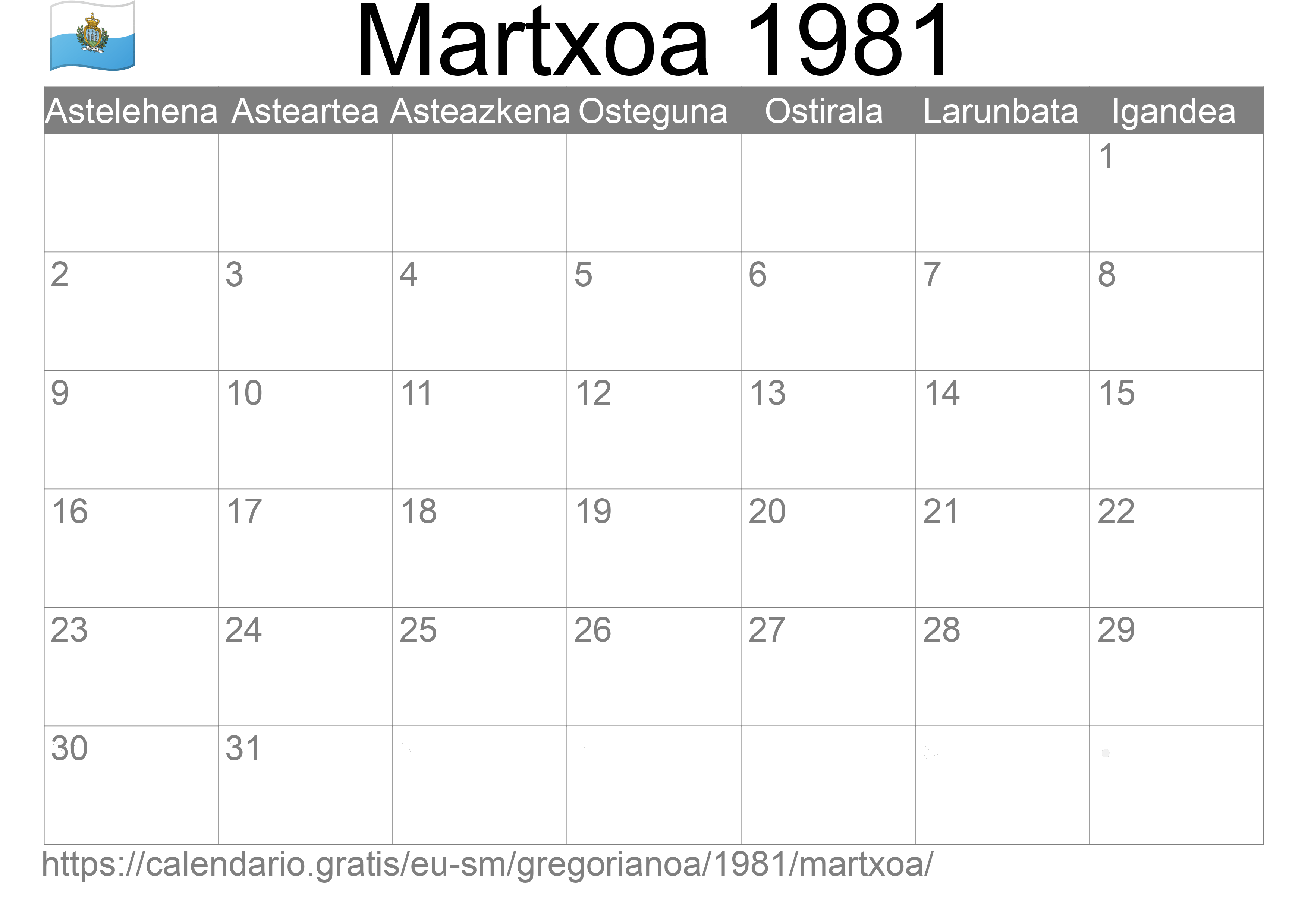 1981ko Martxoa egutegia inprimatzeko