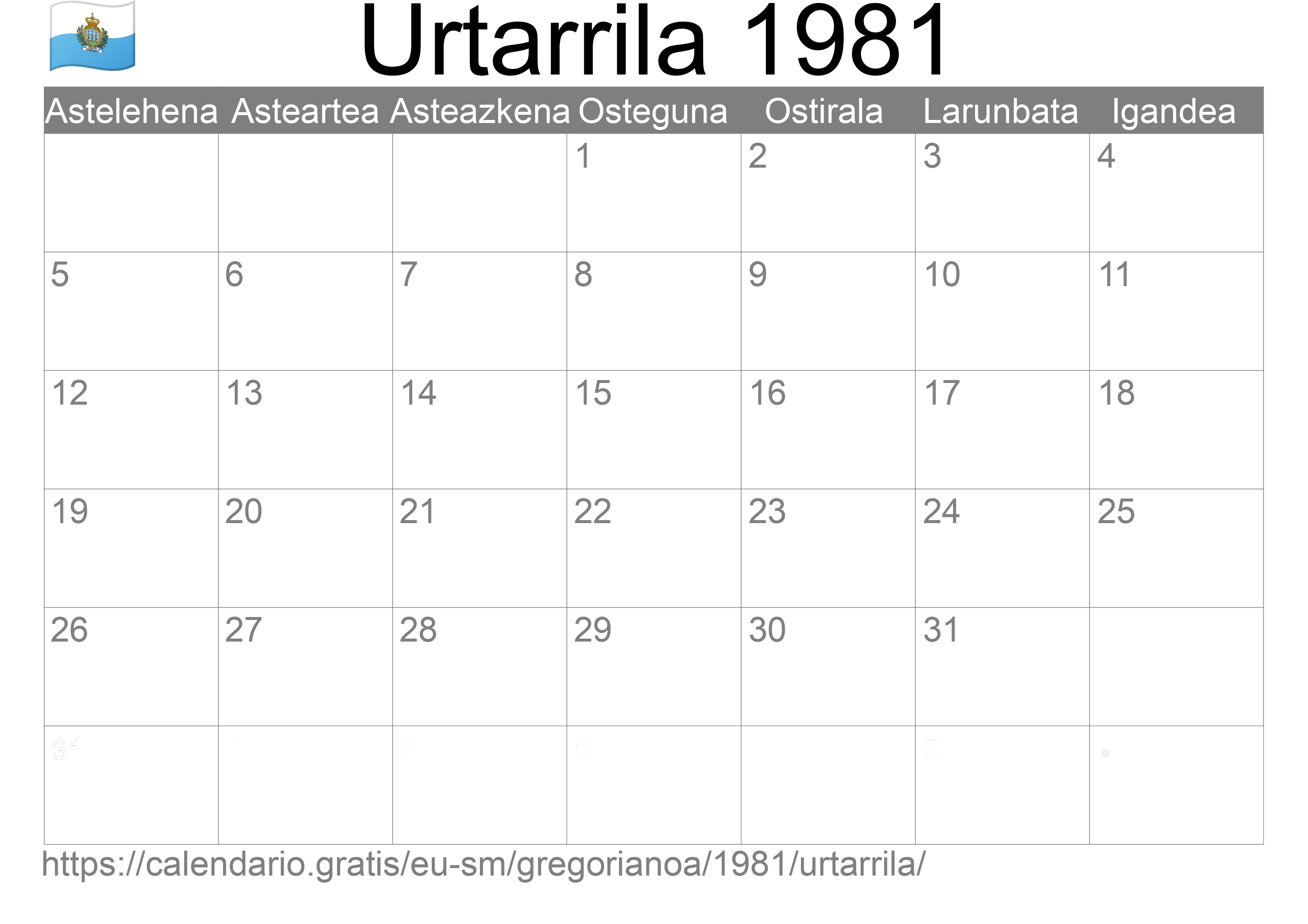 1981ko Urtarrila egutegia inprimatzeko