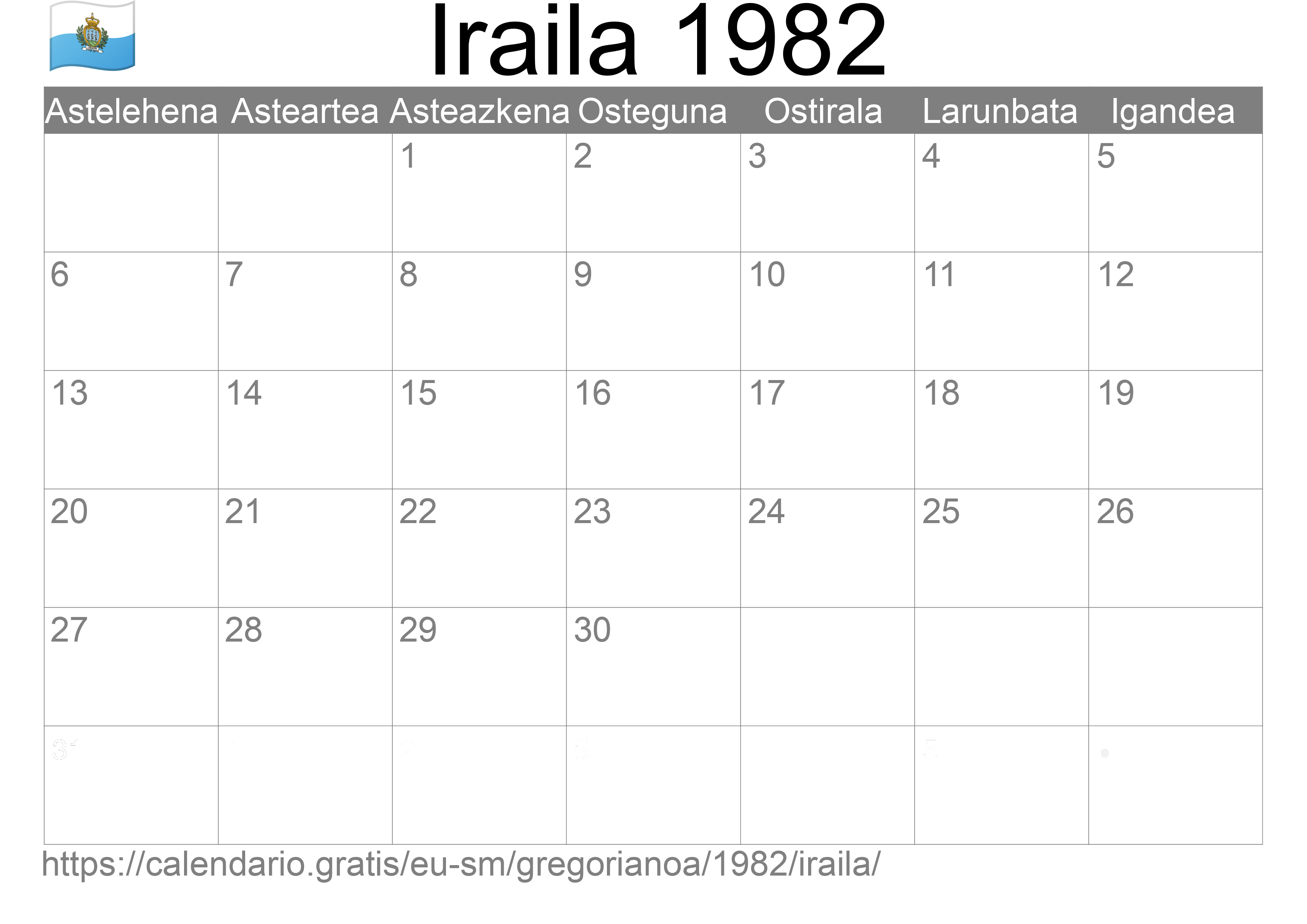 1982ko Iraila egutegia inprimatzeko