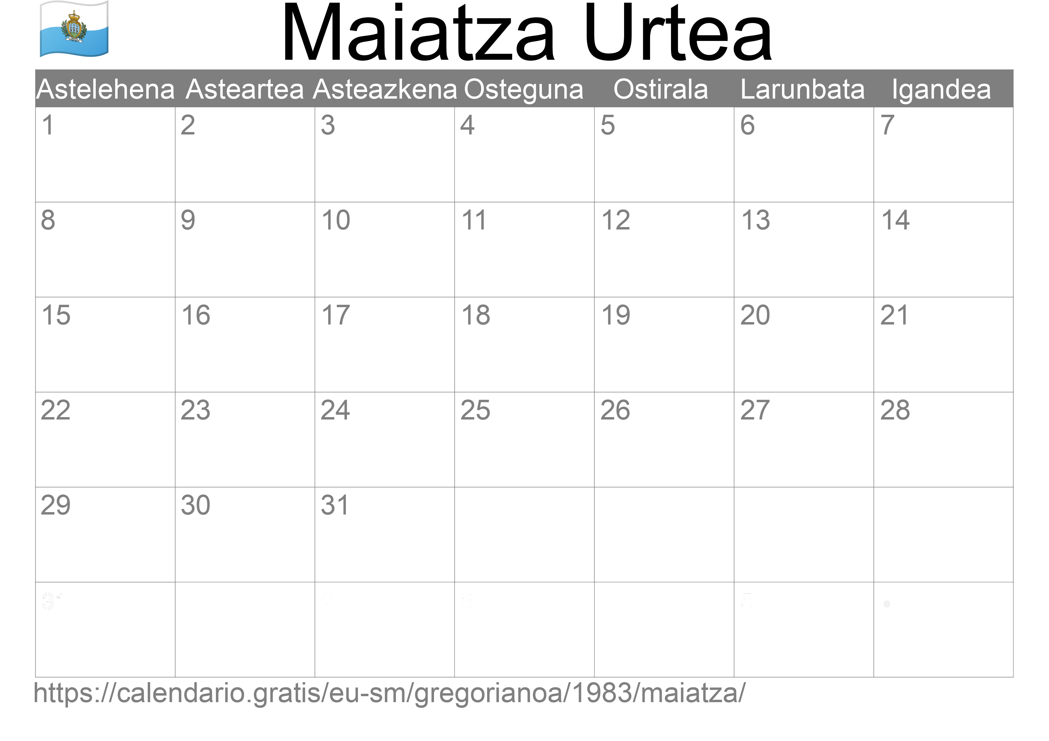 1983ko Maiatza egutegia inprimatzeko