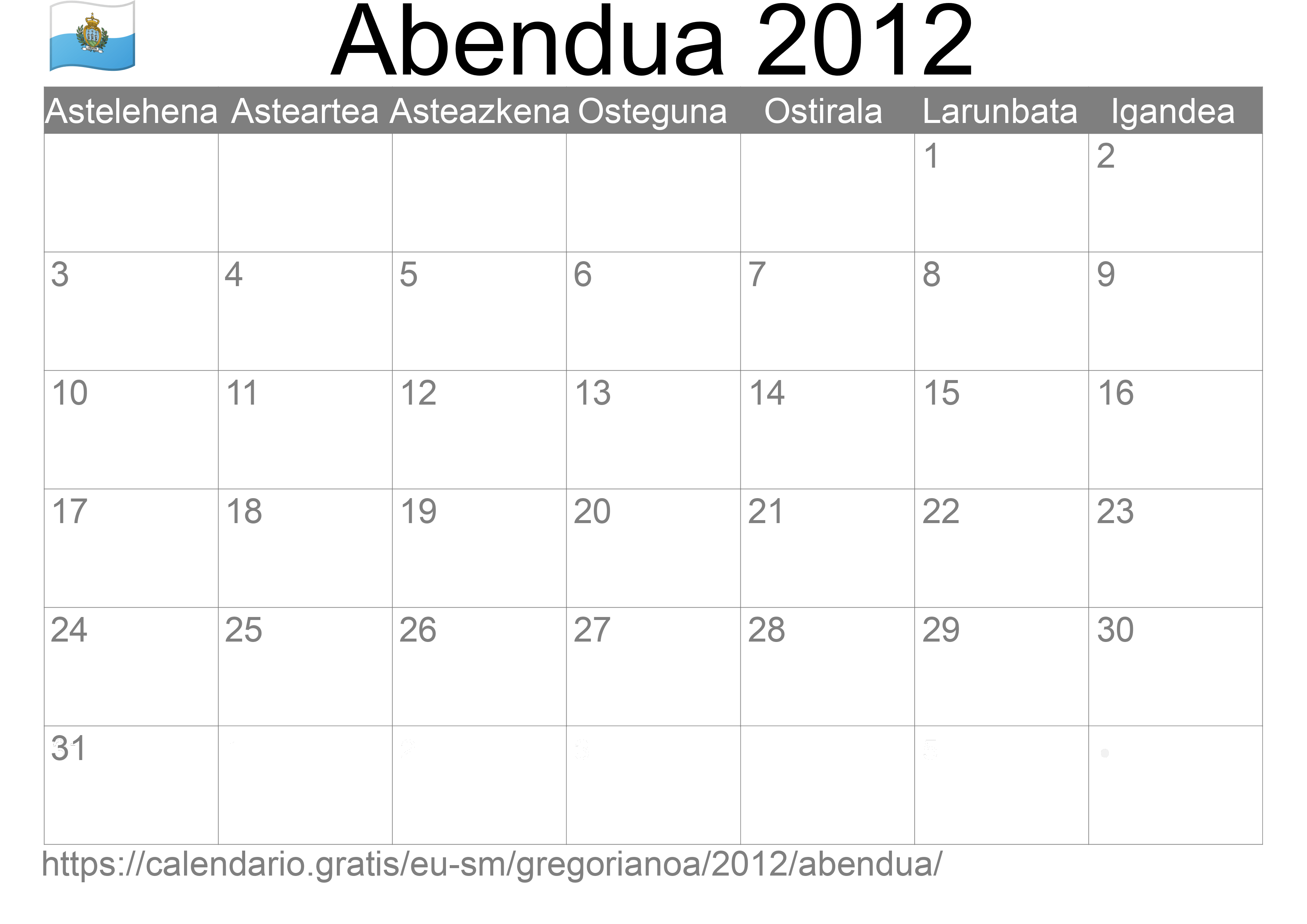 2012ko Abendua egutegia inprimatzeko