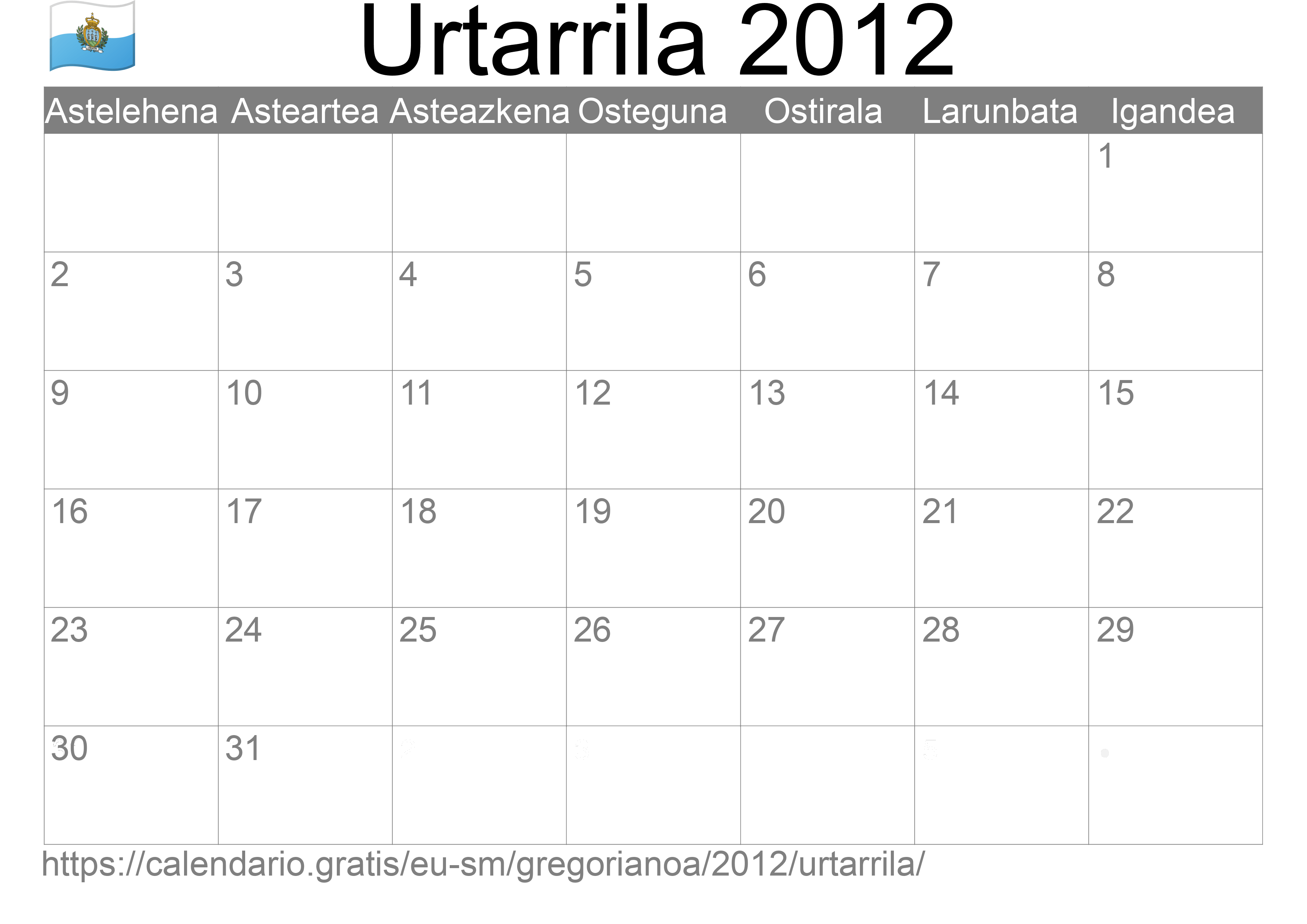 2012ko Urtarrila egutegia inprimatzeko