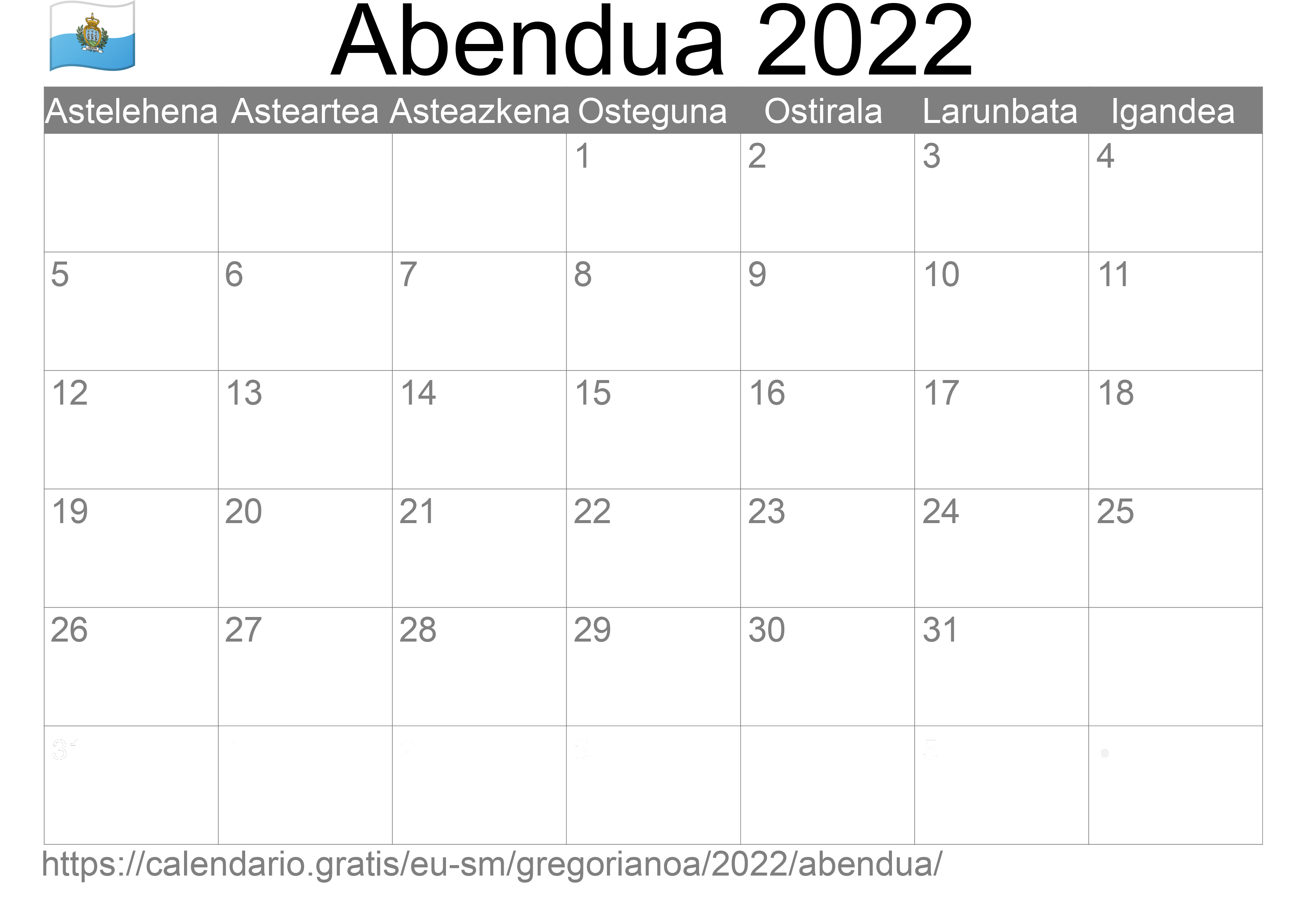 2022ko Abendua egutegia inprimatzeko