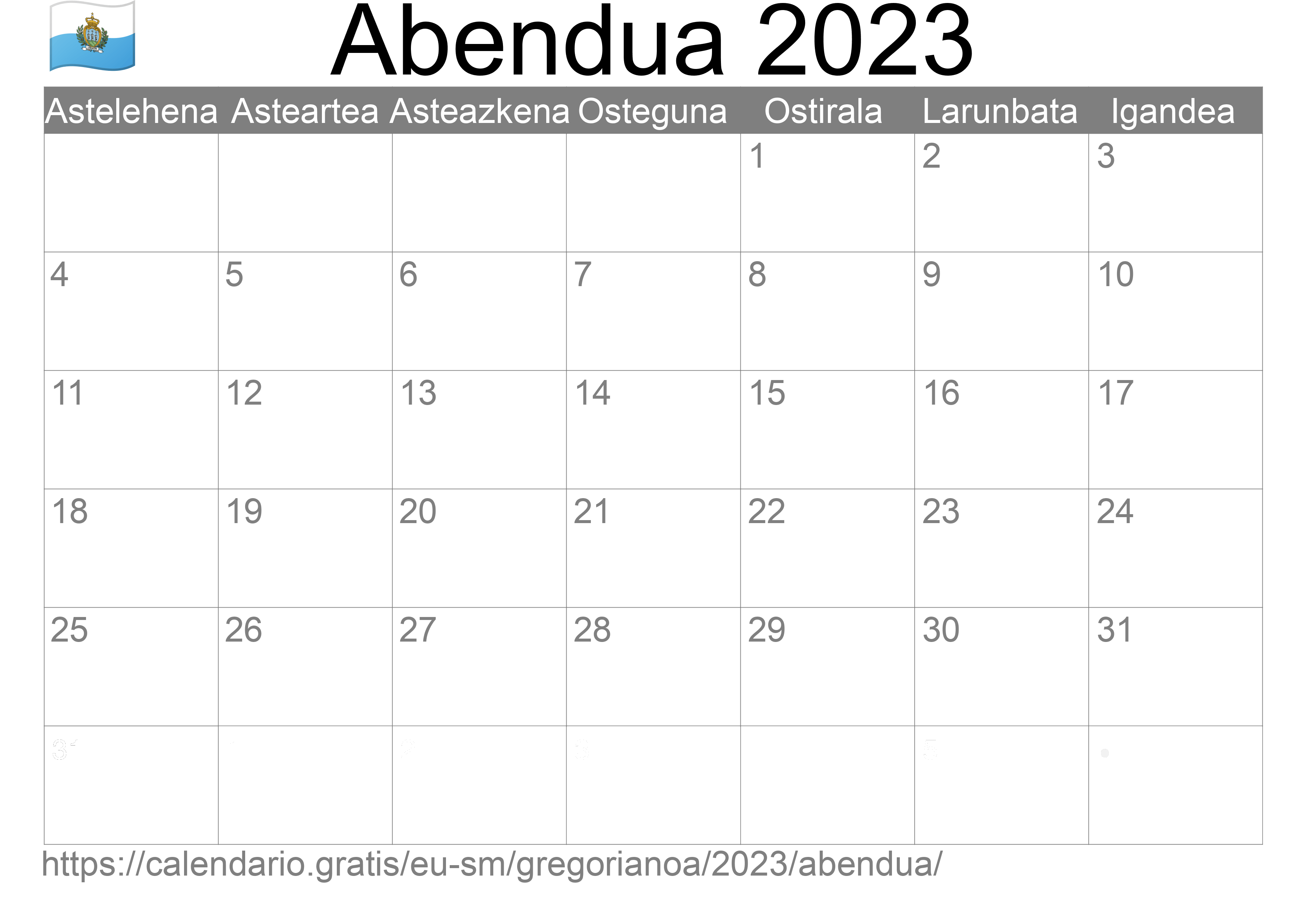 2023ko Abendua egutegia inprimatzeko