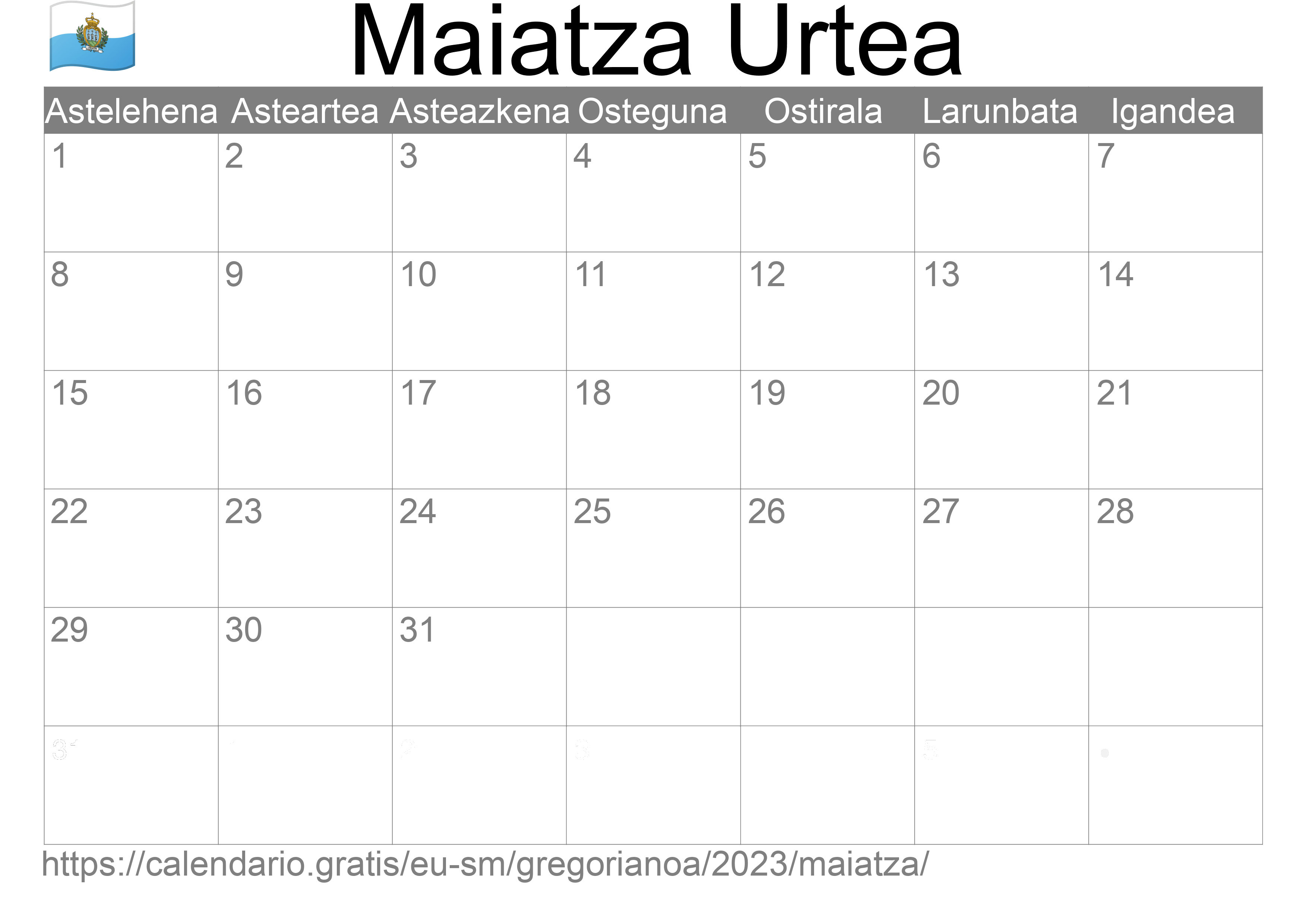 2023ko Maiatza egutegia inprimatzeko