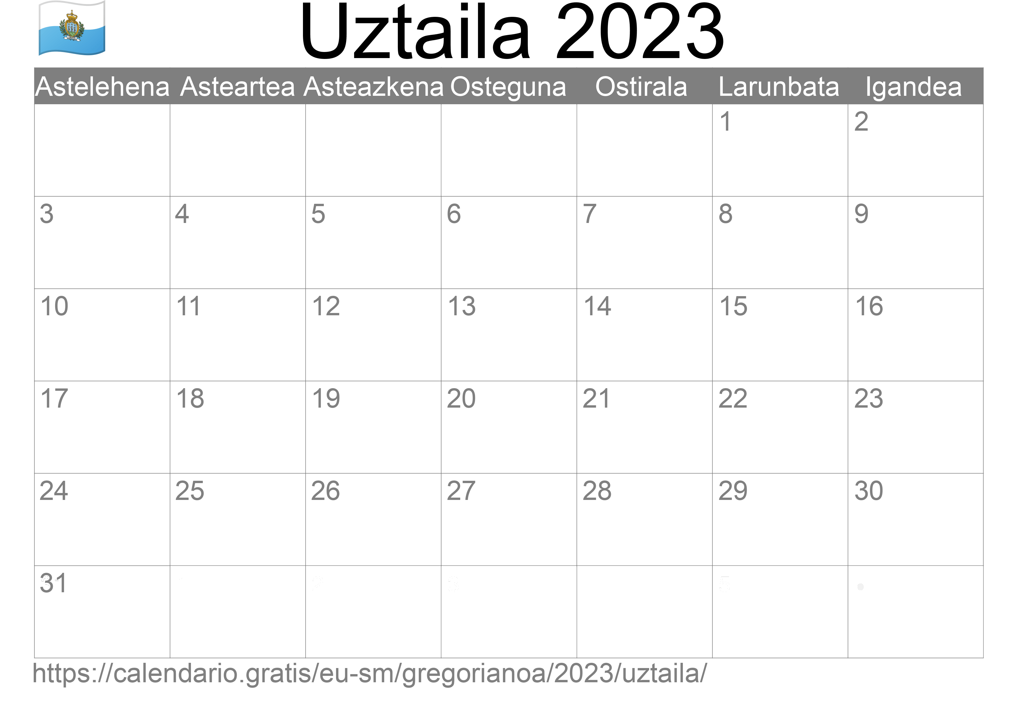 2023ko Uztaila egutegia inprimatzeko