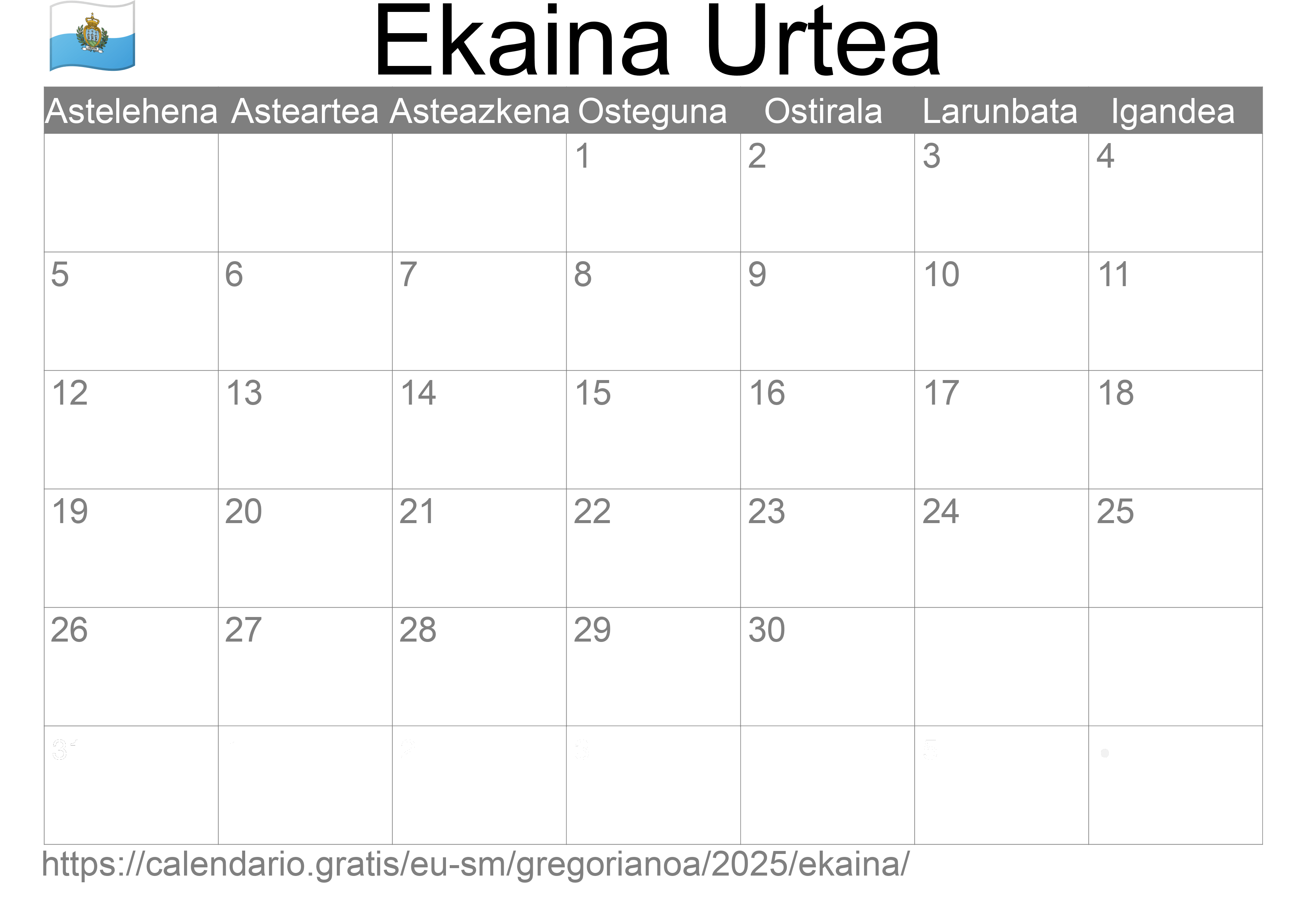 2025ko Ekaina egutegia inprimatzeko