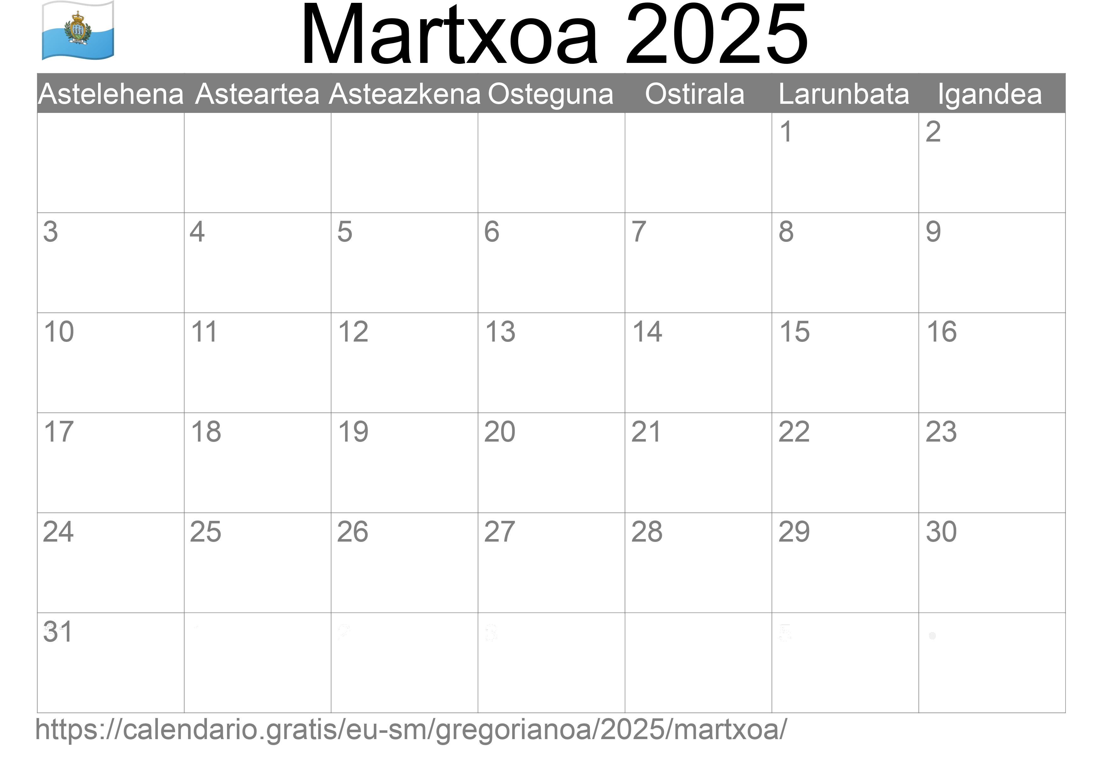 2025ko Martxoa egutegia inprimatzeko