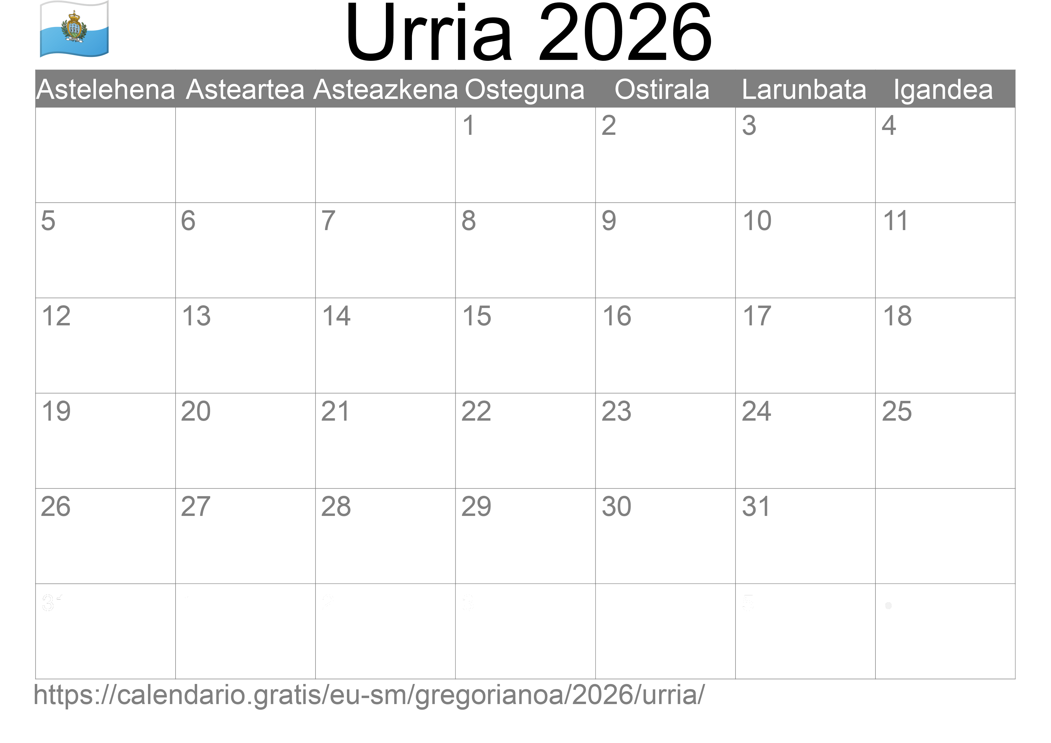 2026ko Urria egutegia inprimatzeko