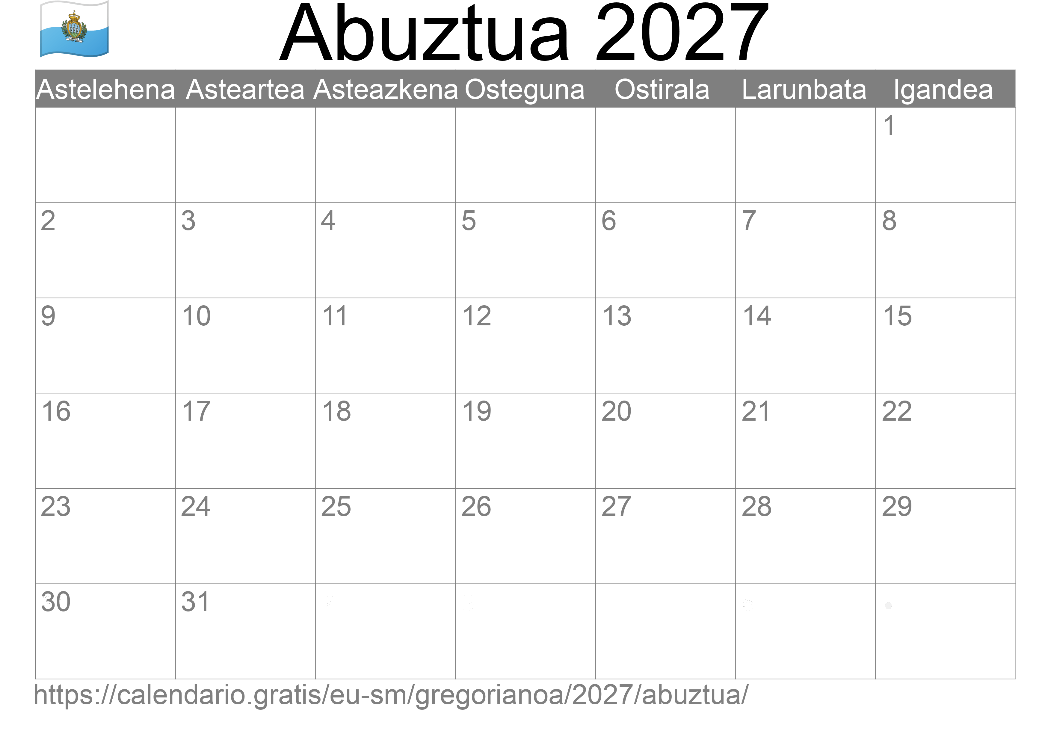 2027ko Abuztua egutegia inprimatzeko