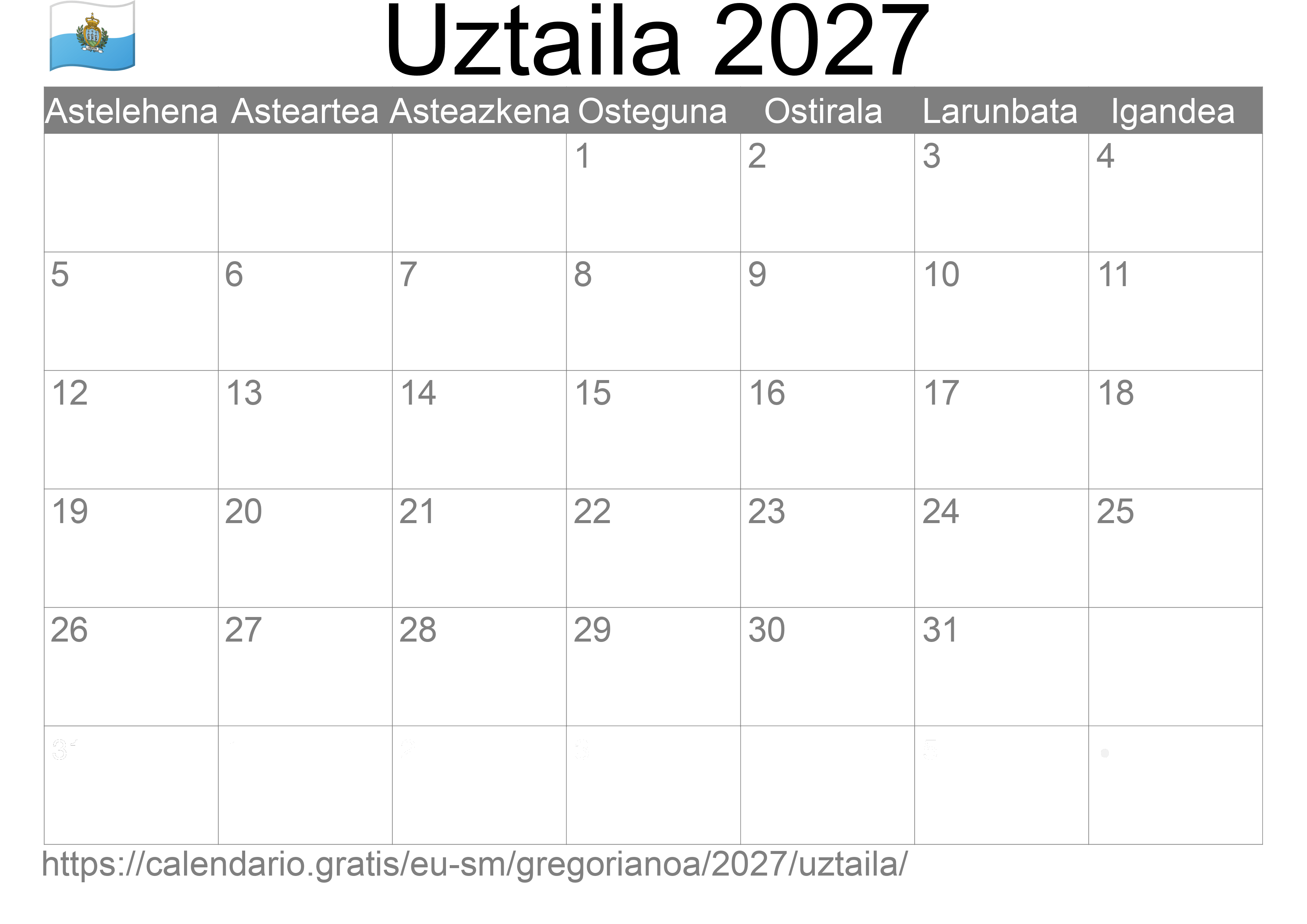 2027ko Uztaila egutegia inprimatzeko